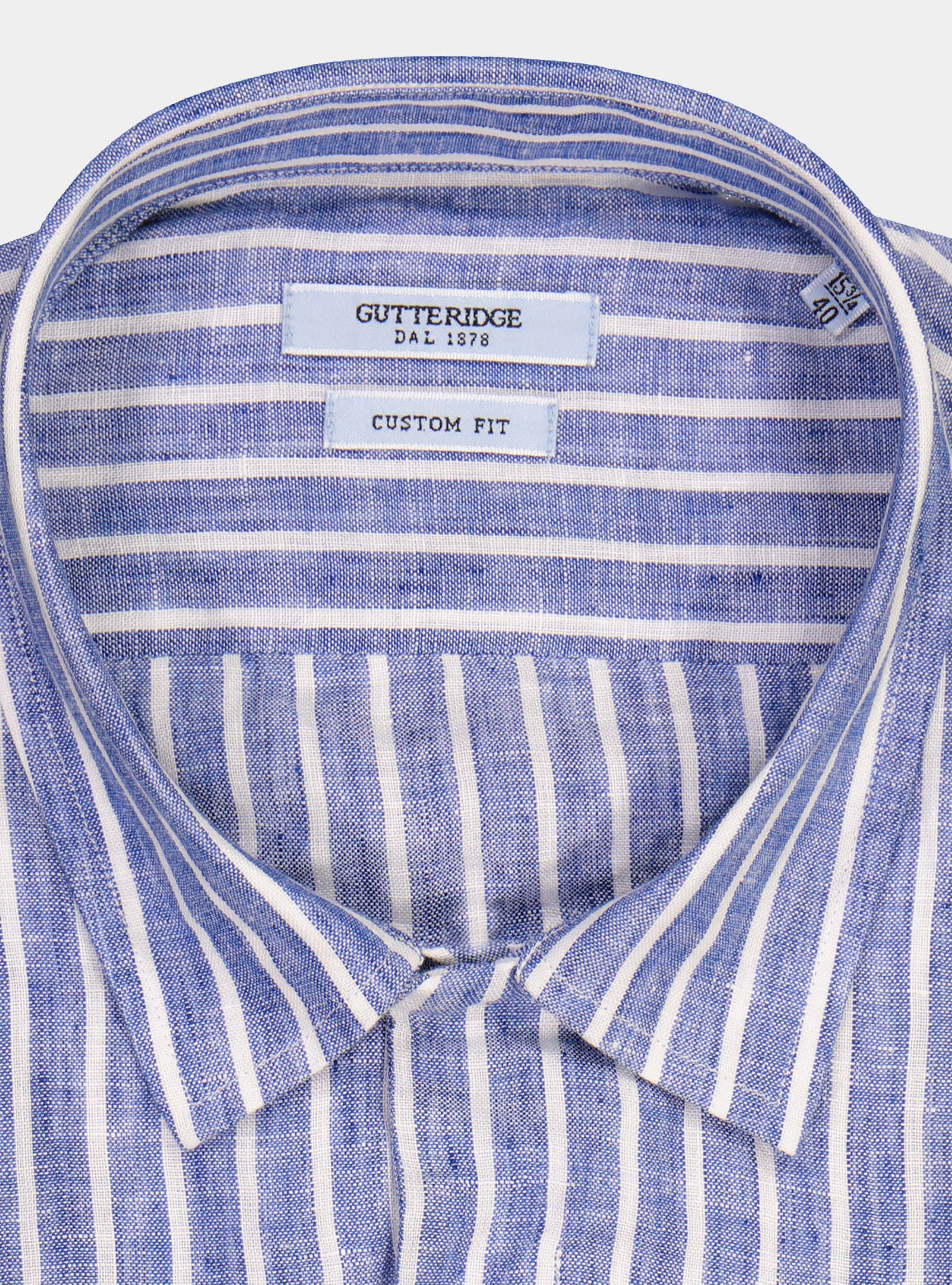 Striped cotton bowling collar shirt, AZUL MEDIO