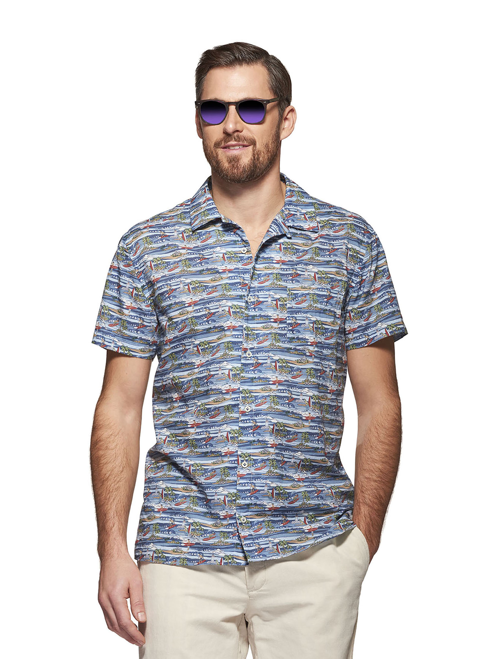 Camisa de cuello de bolos de algod&oacute;n estampado hawaiano, TROPICAL