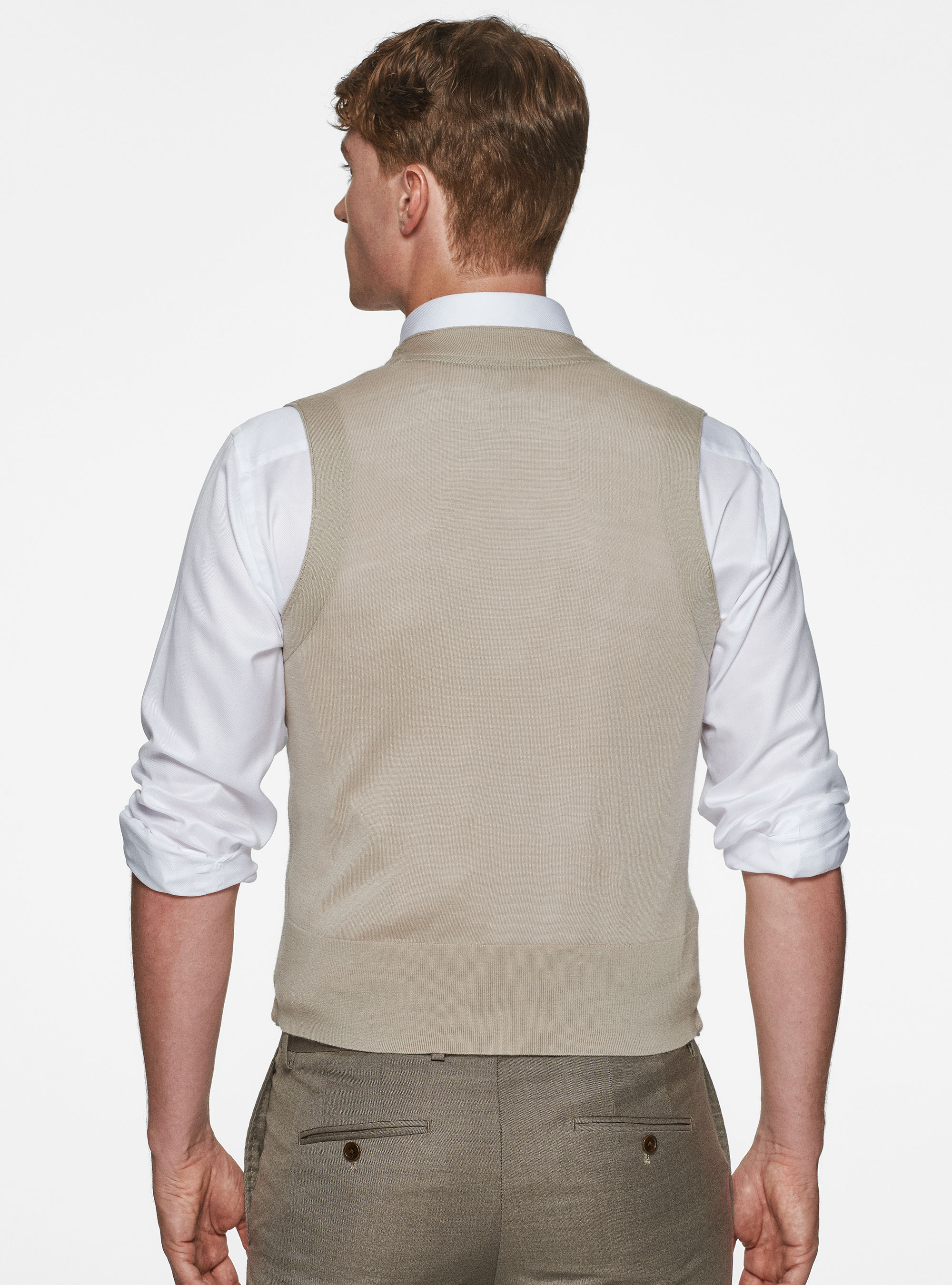 Double-breasted knitted gilet in pure merino wool, SAND