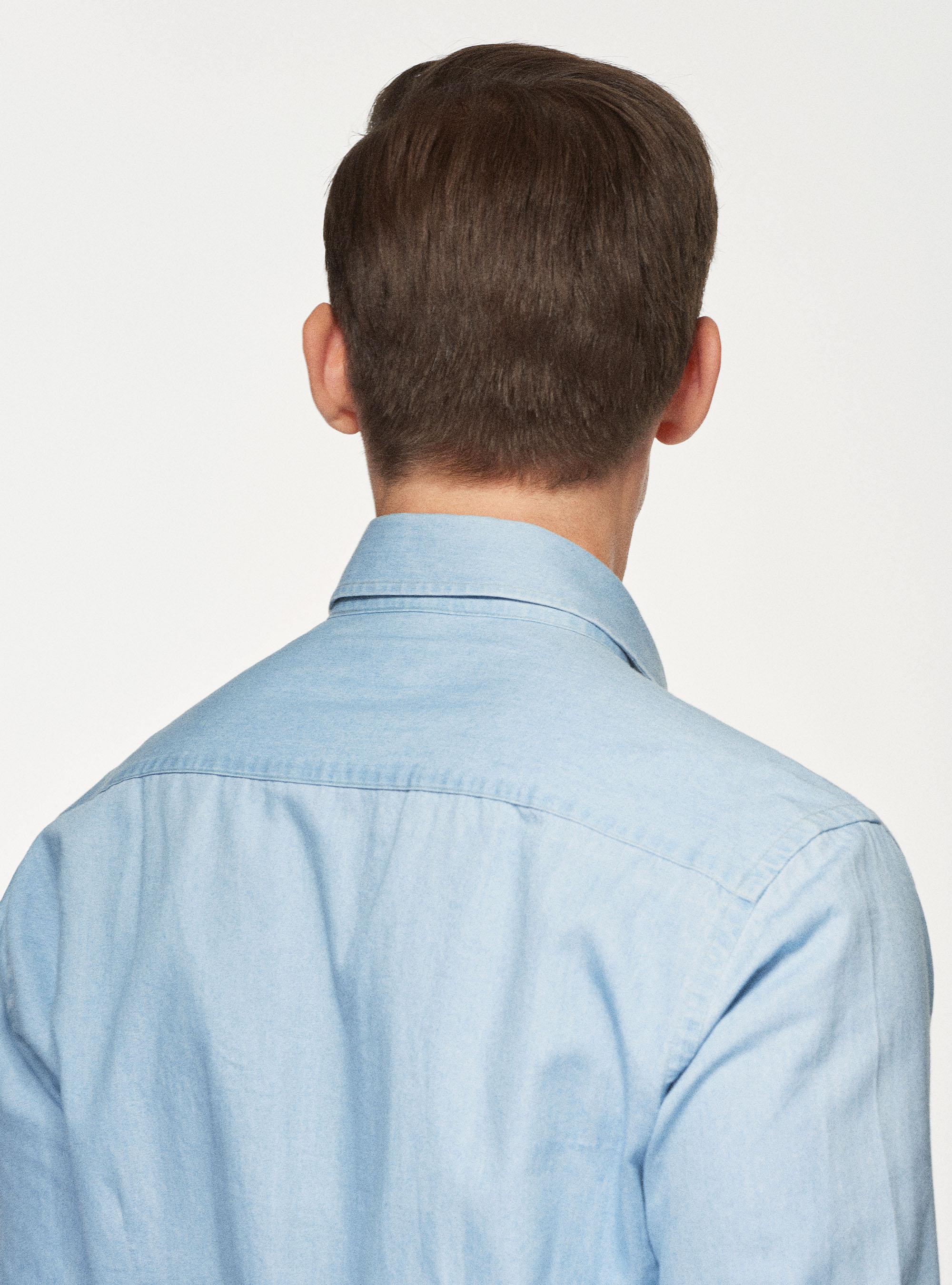 Camicia collo semi francese in cotone chambray, AZZURRO