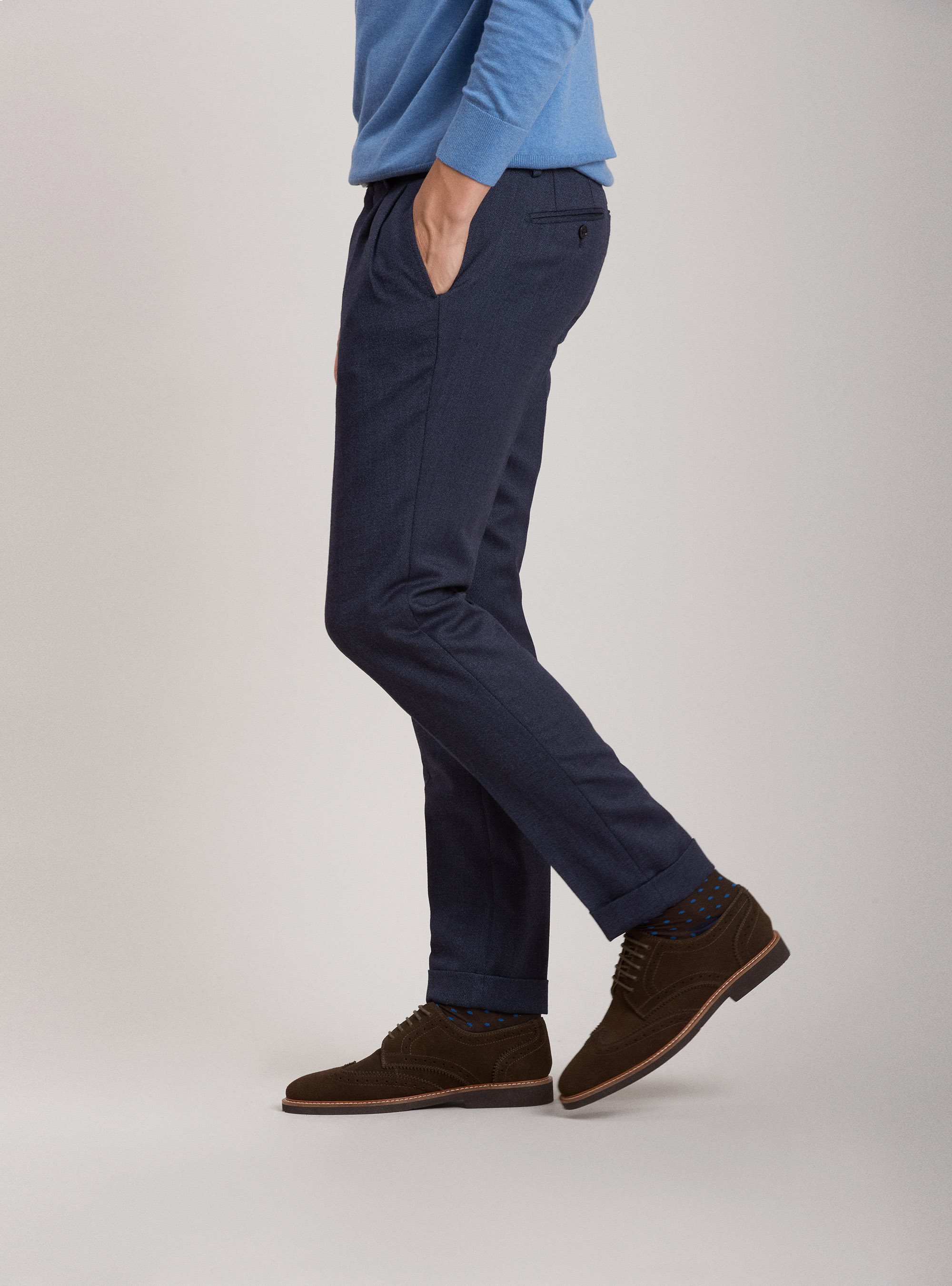 Pantaloni in twill di lana con doppia pinces, INCHIOSTRO