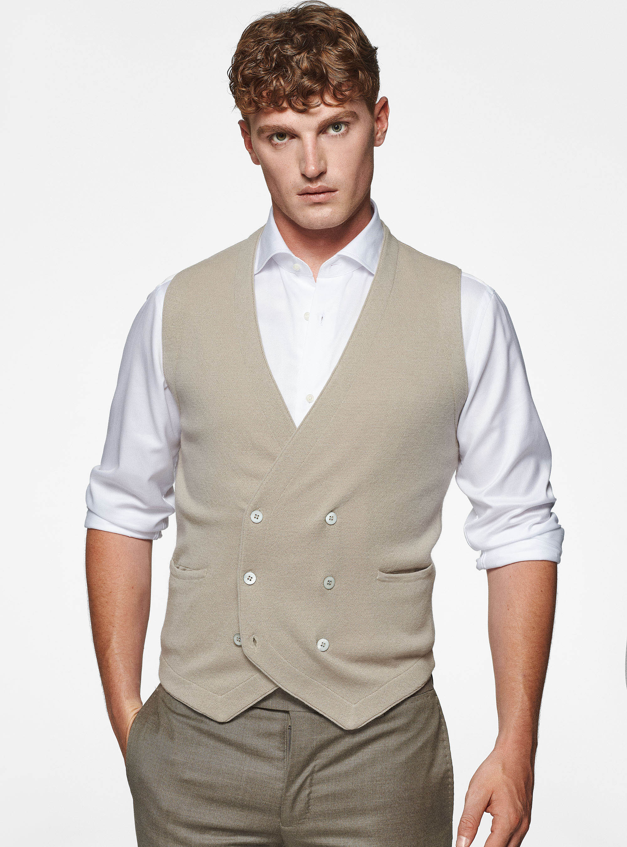 Double-breasted knitted gilet in pure merino wool, SAND