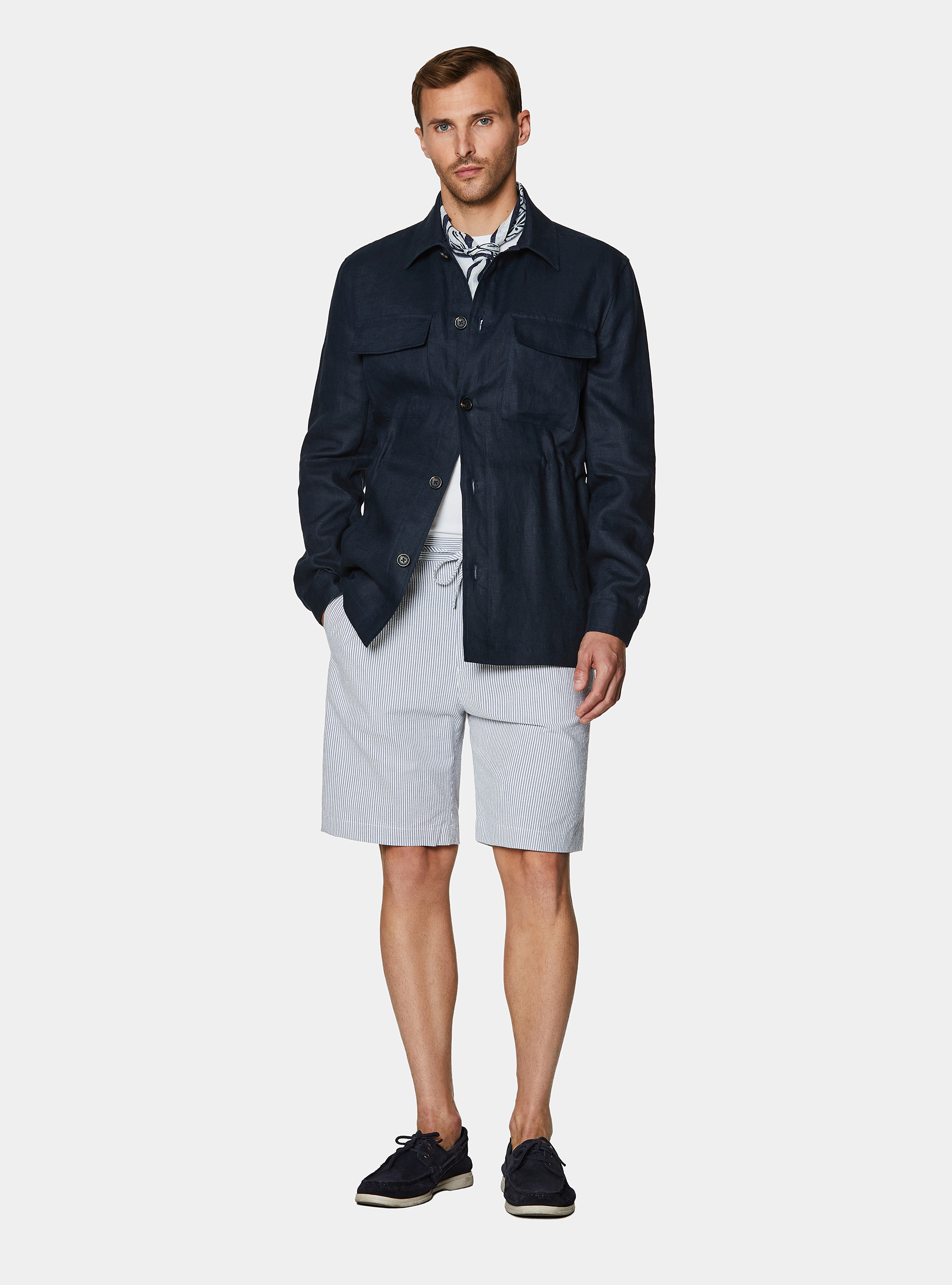 Veste chemise en pur lin avec cordon de serrage, BLEU MARINE