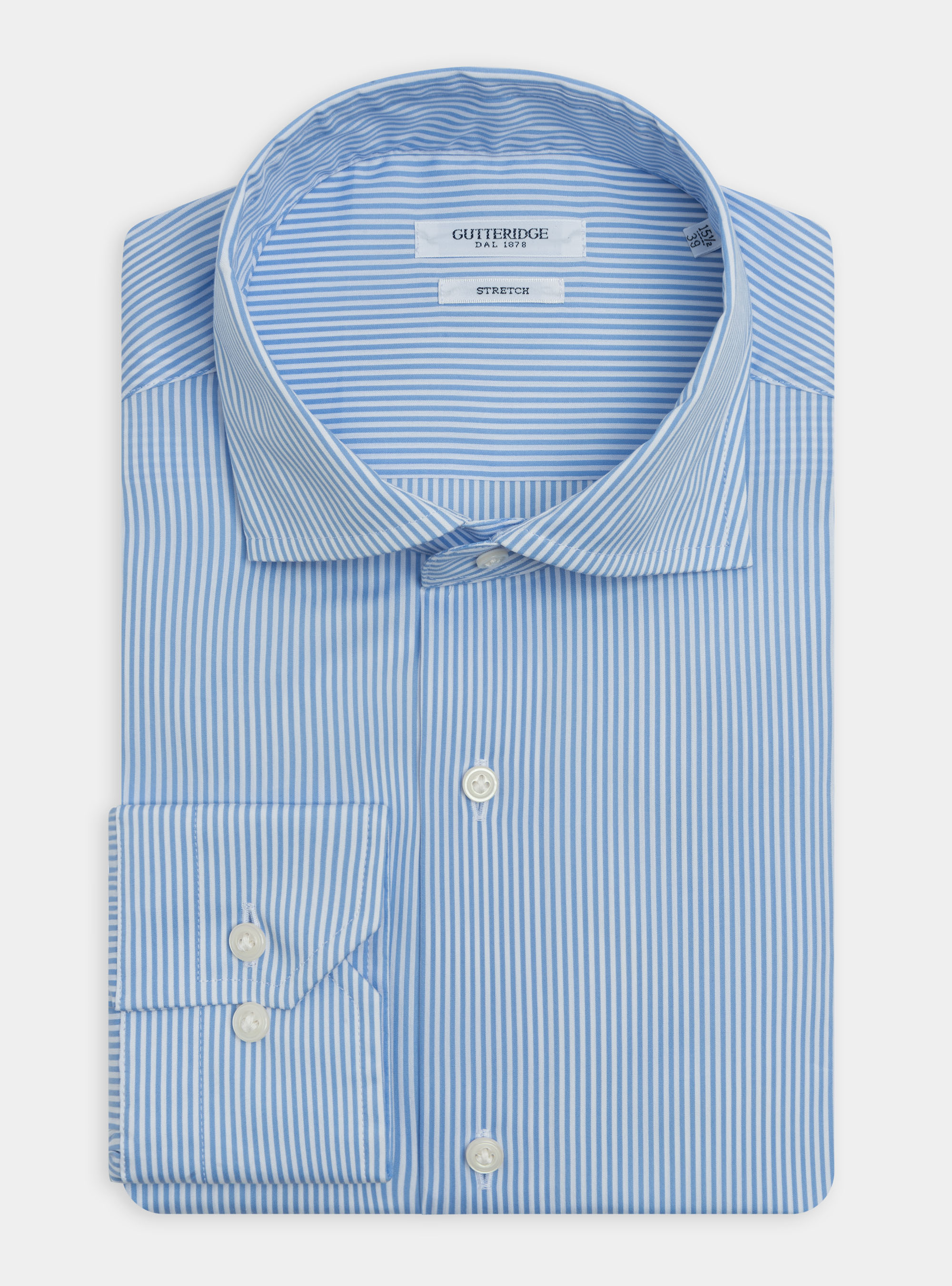 Camicia collo semifrancese  in popeline stretch rigato, AZZURRO