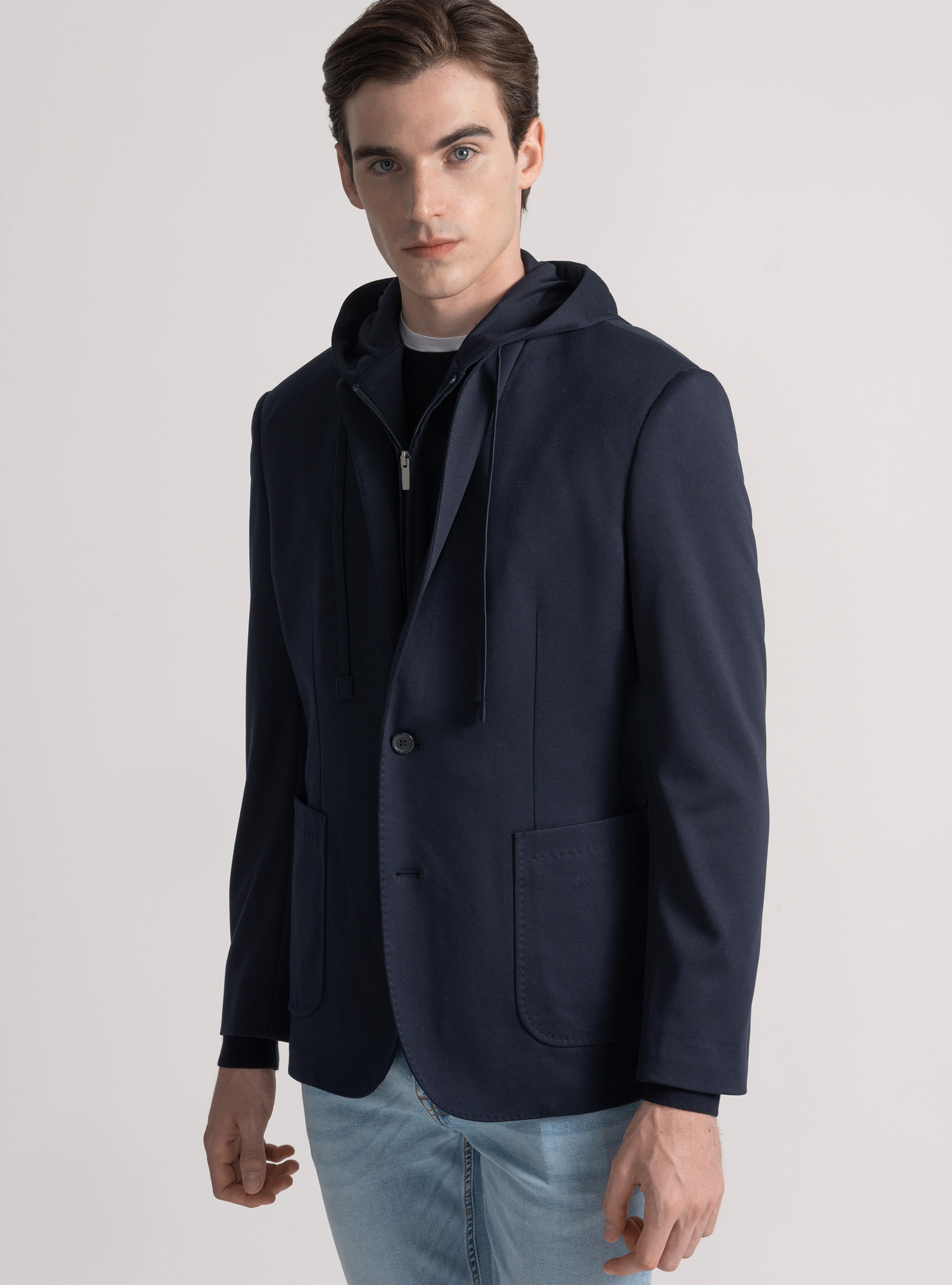 Giacca jersey con cappuccio removibile, BLU NAVY