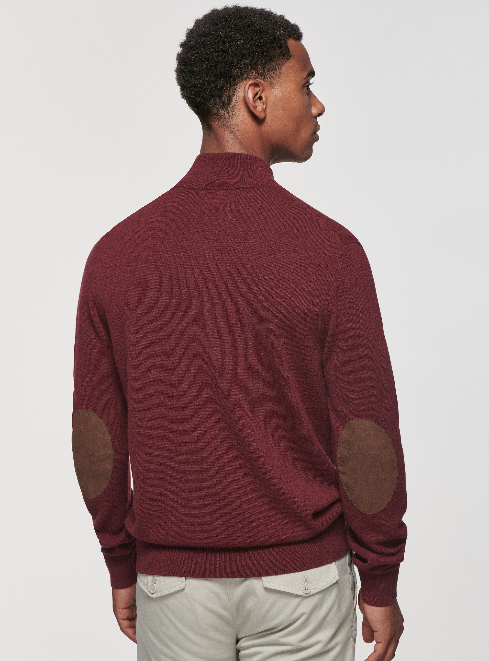 Half-zip sweater with patches in lambswool wool and cashmere, BORDEAUX