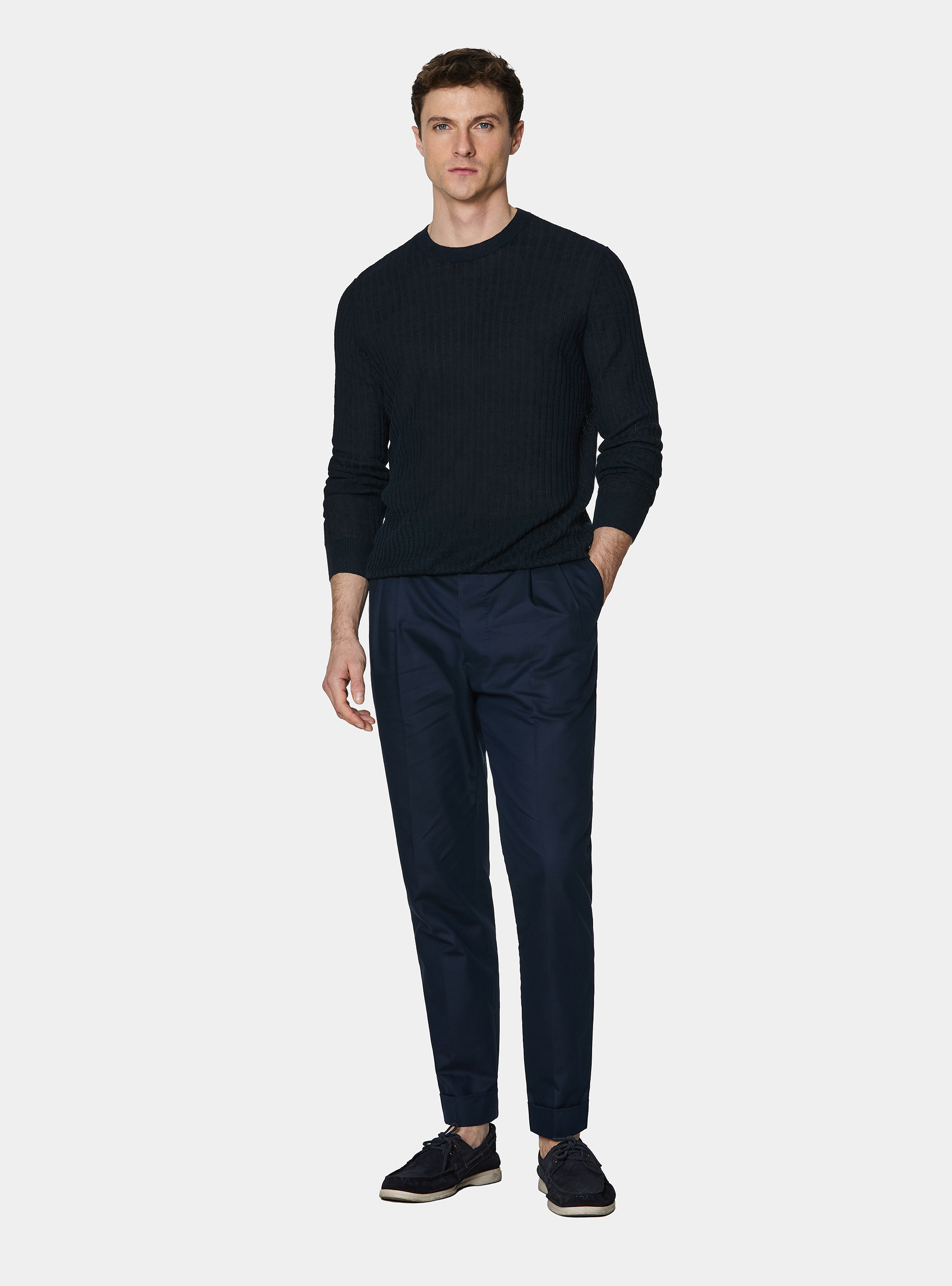 Maglia girocollo a costine in puro lino, BLU NAVY