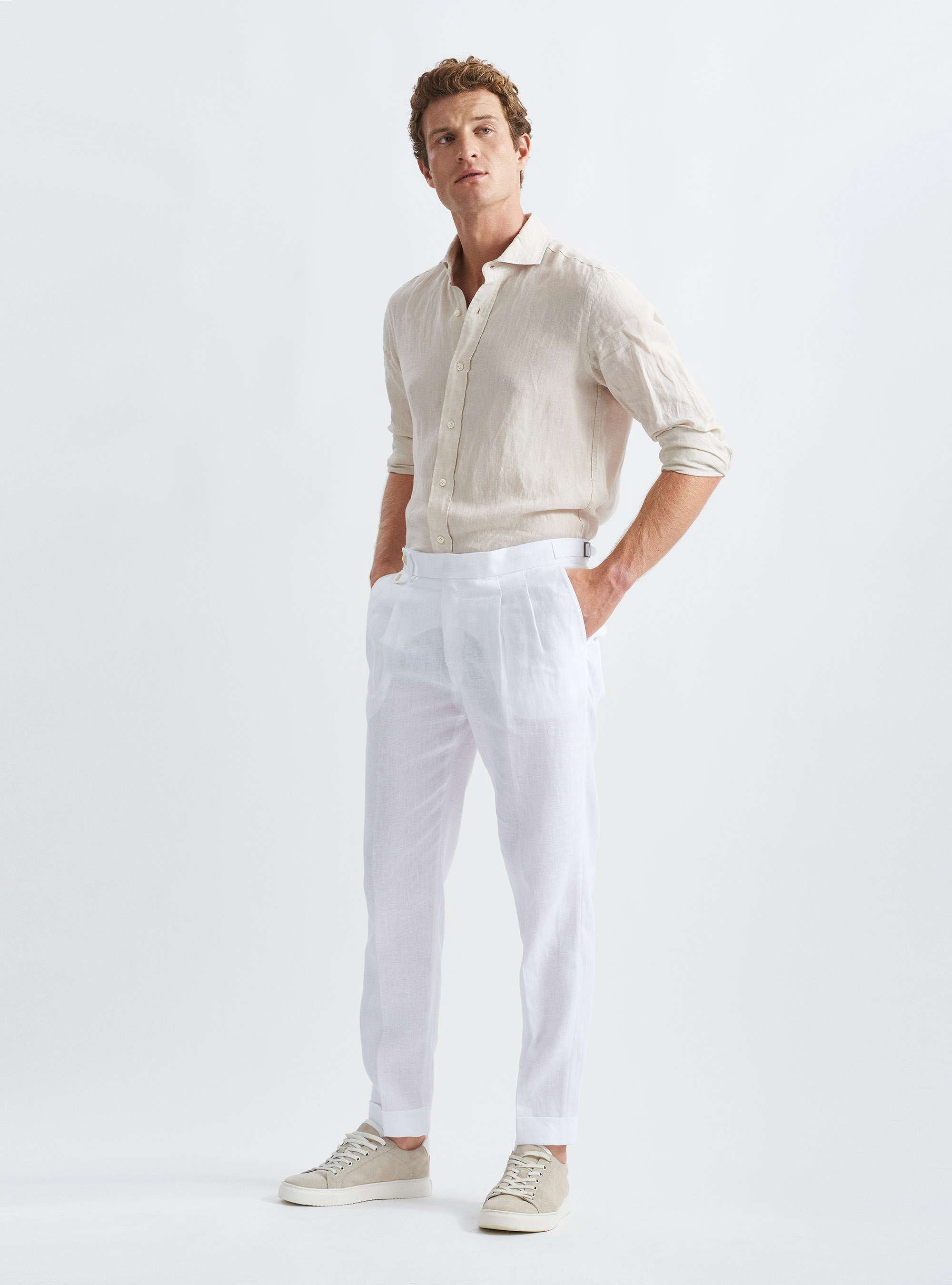 Camicia collo francese in lino, ECRU