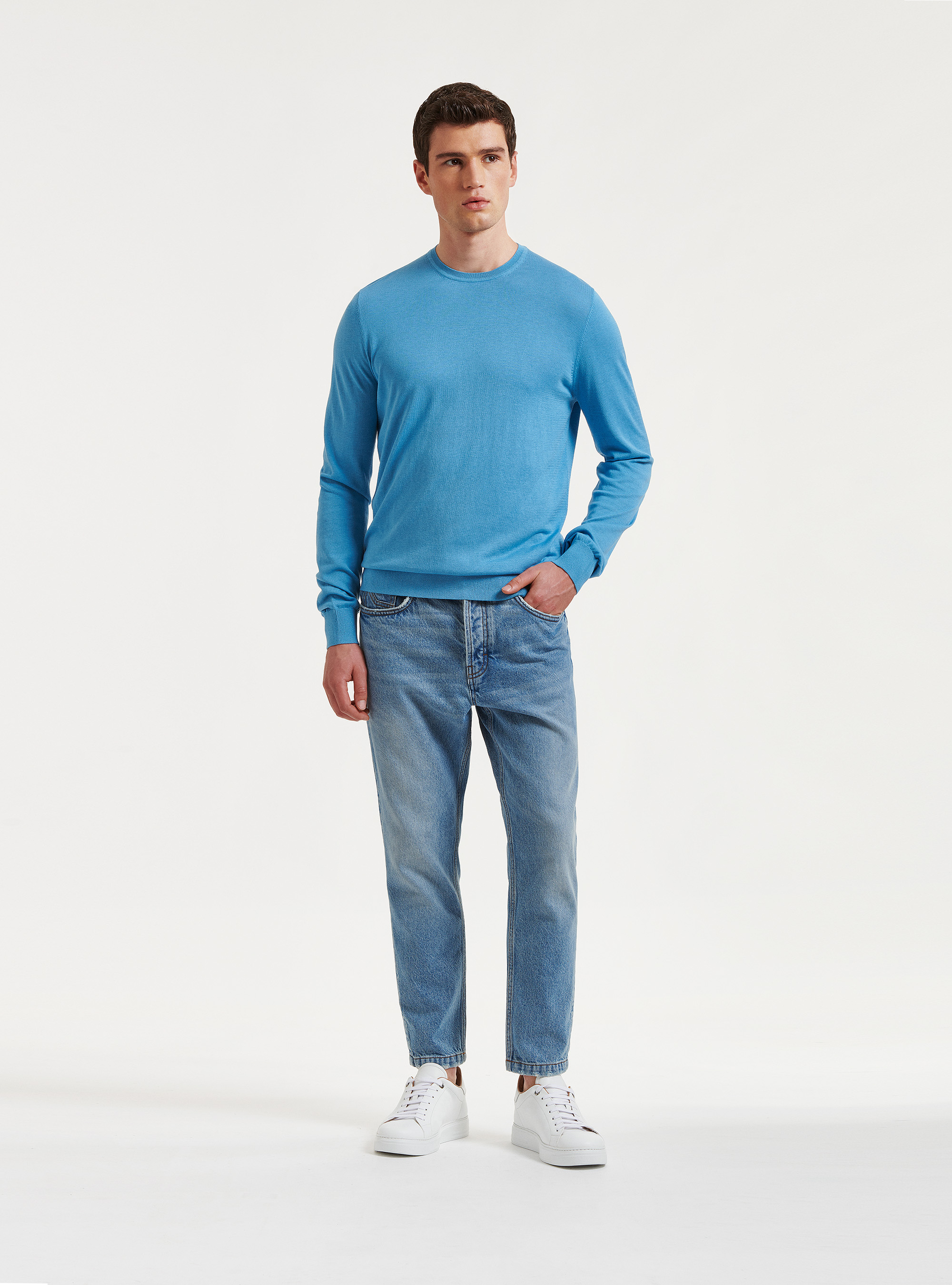 Maglia girocollo in seta e cotone, AZZURRO