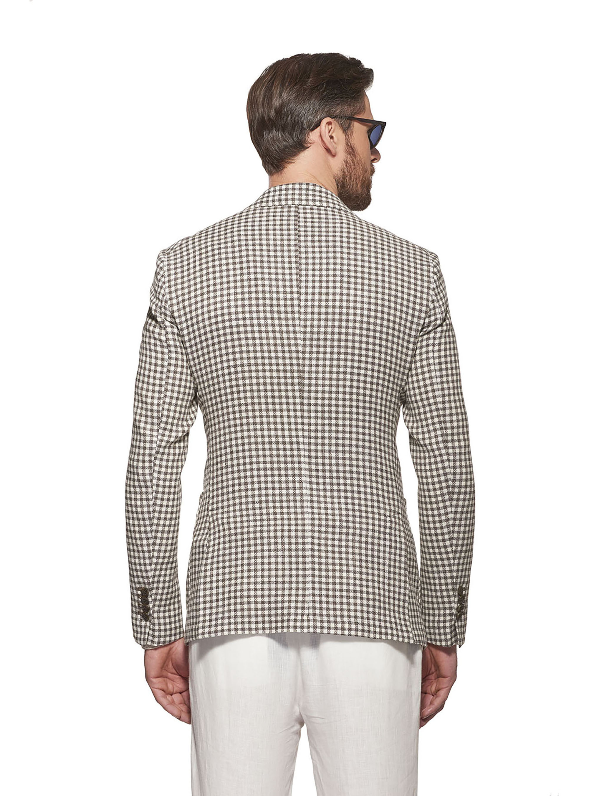 Giacca a quadretti in lana lino e cotone, MARRONE