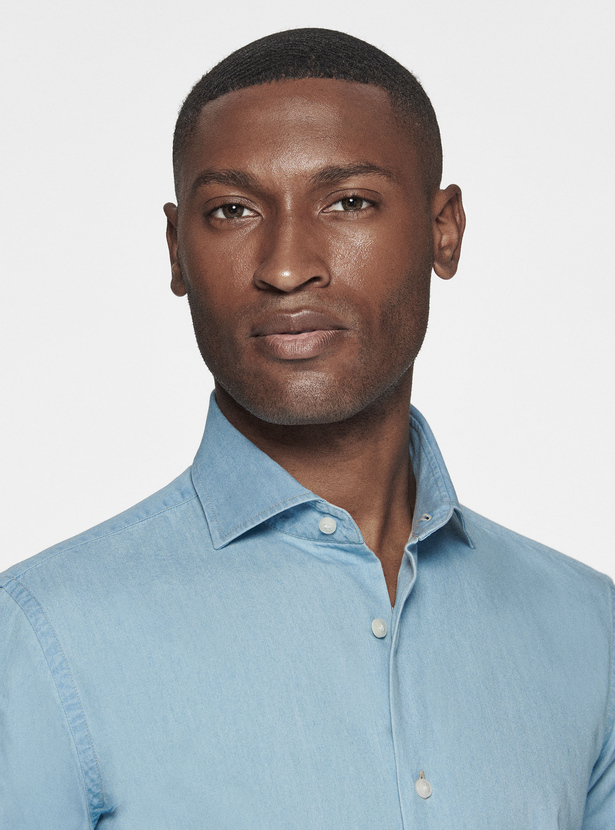 Camicia in cotone chambray, AZZURRO