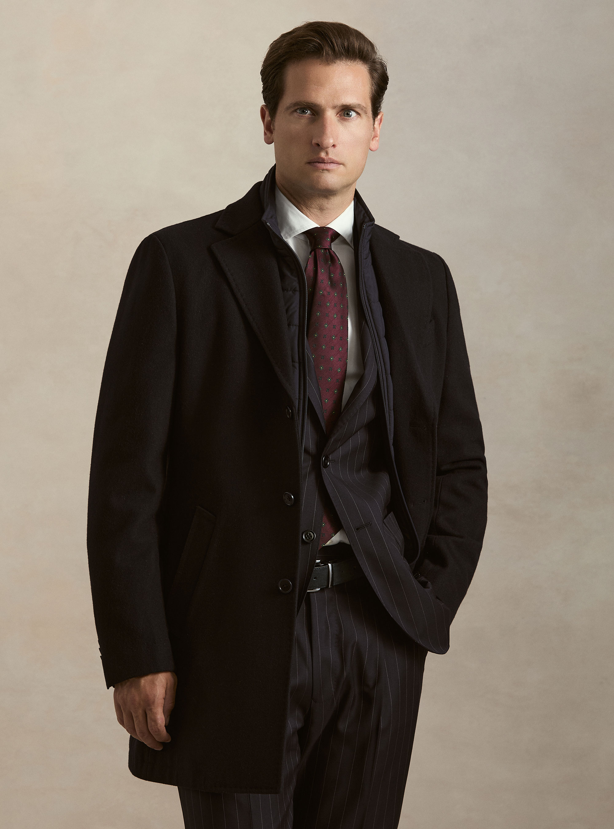 Wool-blend coat with detachable bib, NAVY BLUE
