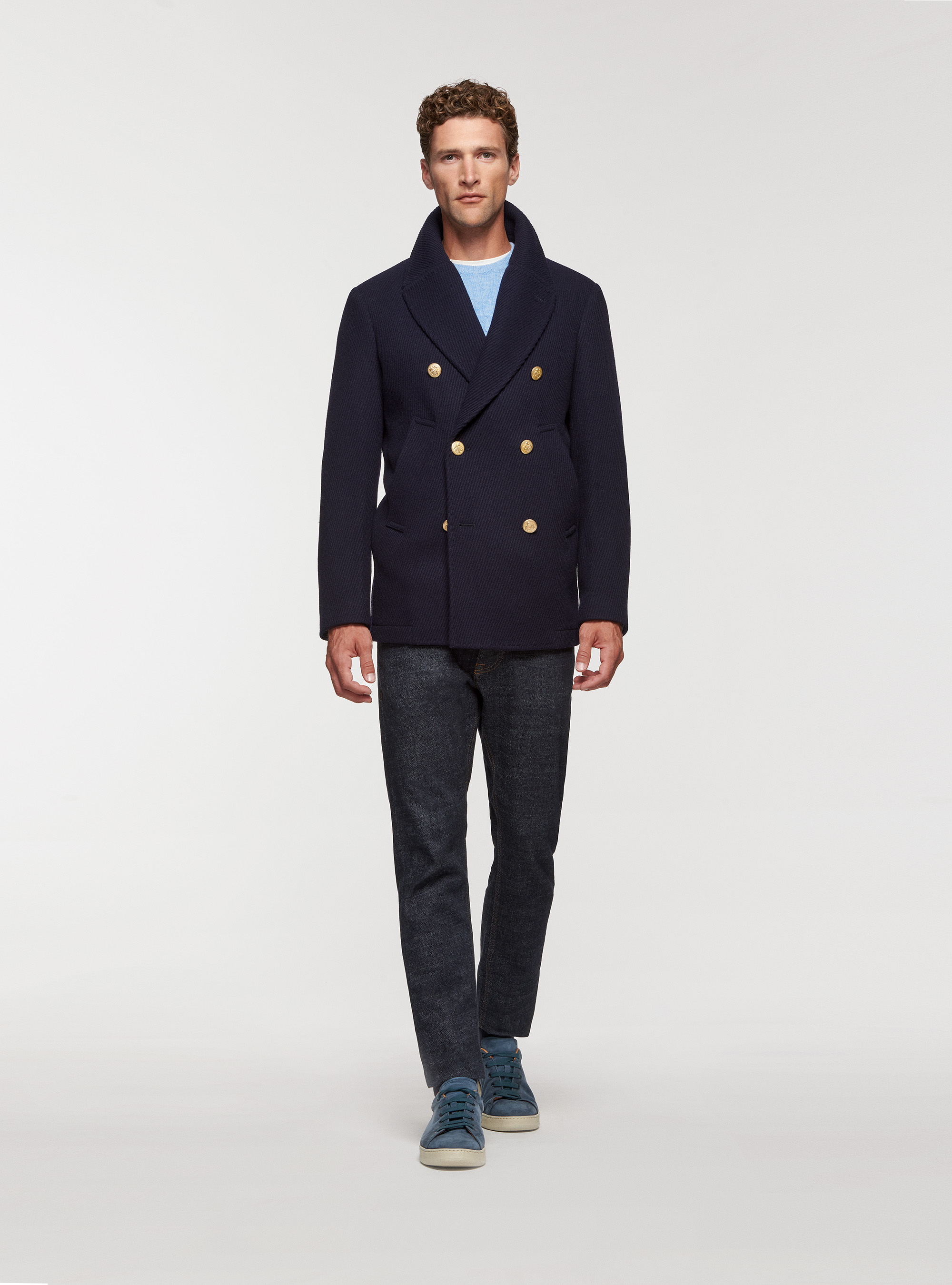 Peacoat in lana diagonale, BLU NAVY