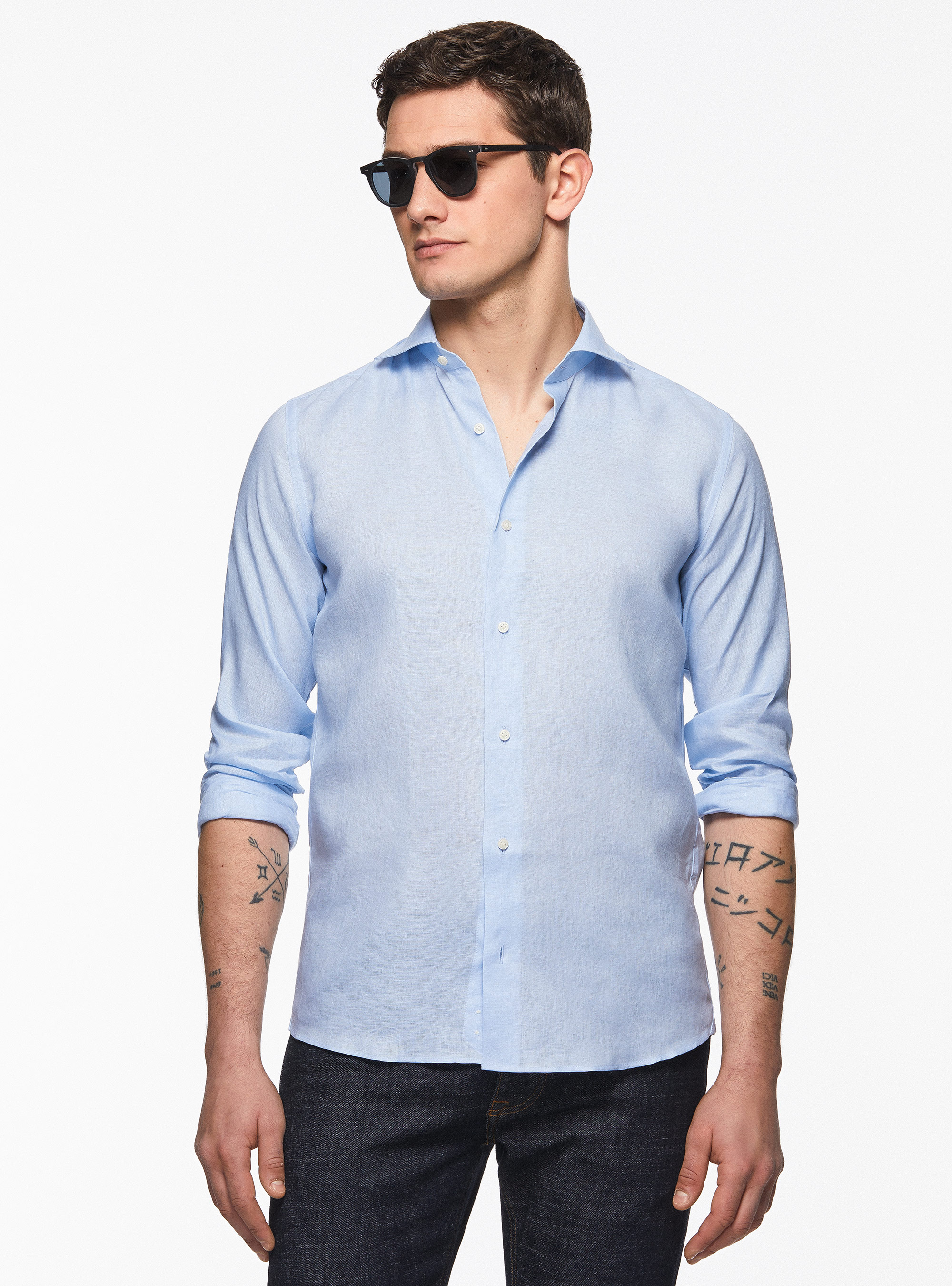 Camisa de lino puro con cuello semifranc&eacute;s, CELESTE