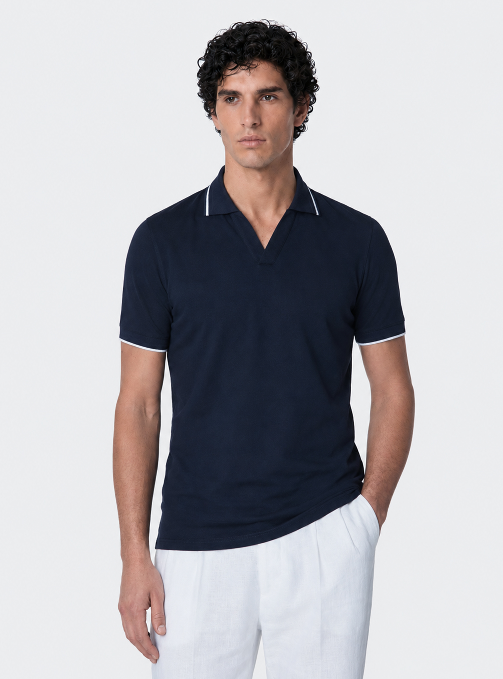 Polo GT01 senza bottoni in piquet stretch, BLU NAVY