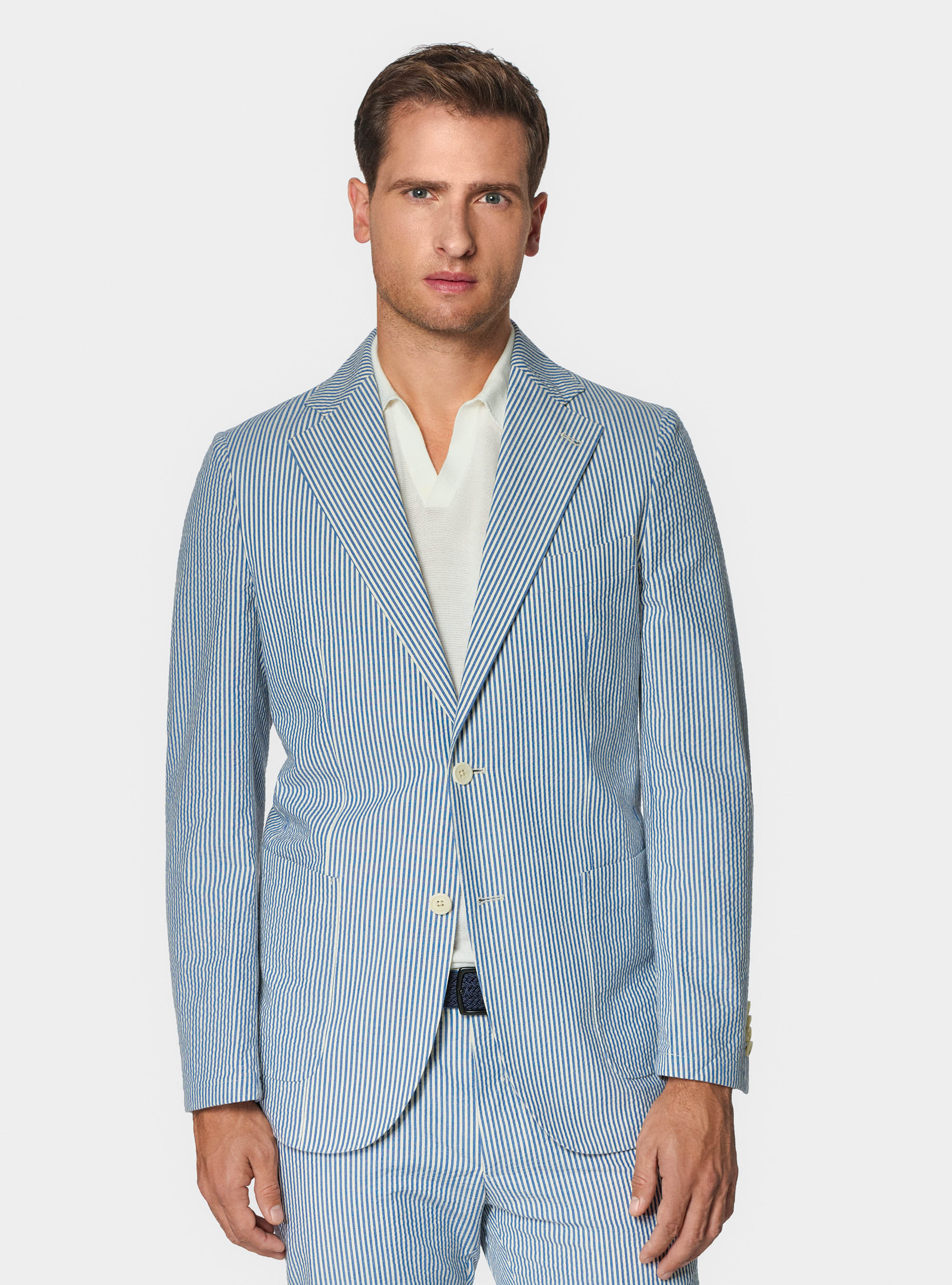 Giacca rigata in cotone seersucker, BLU