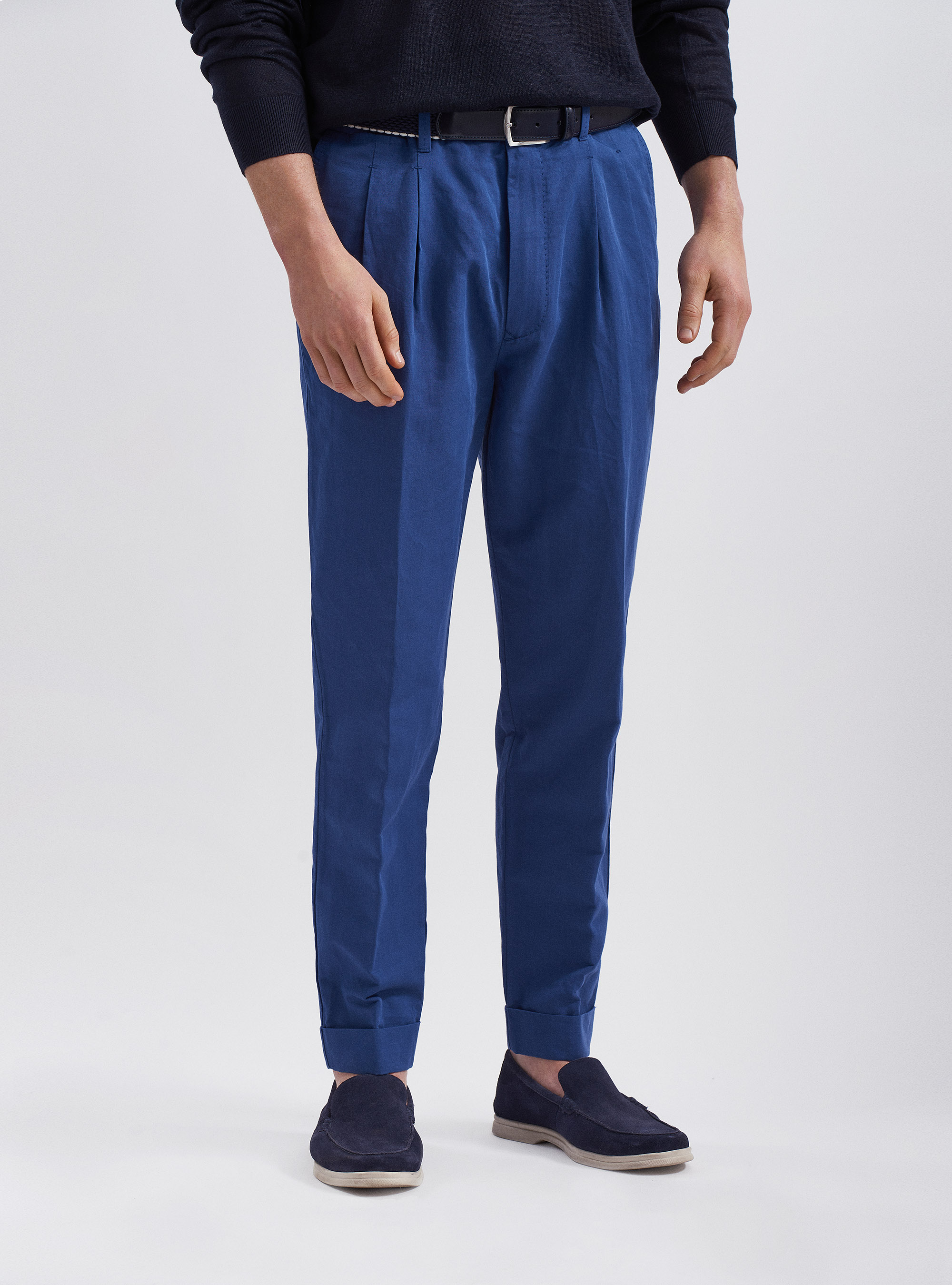 Pantaloni doppia pince in lino e cotone, BLU