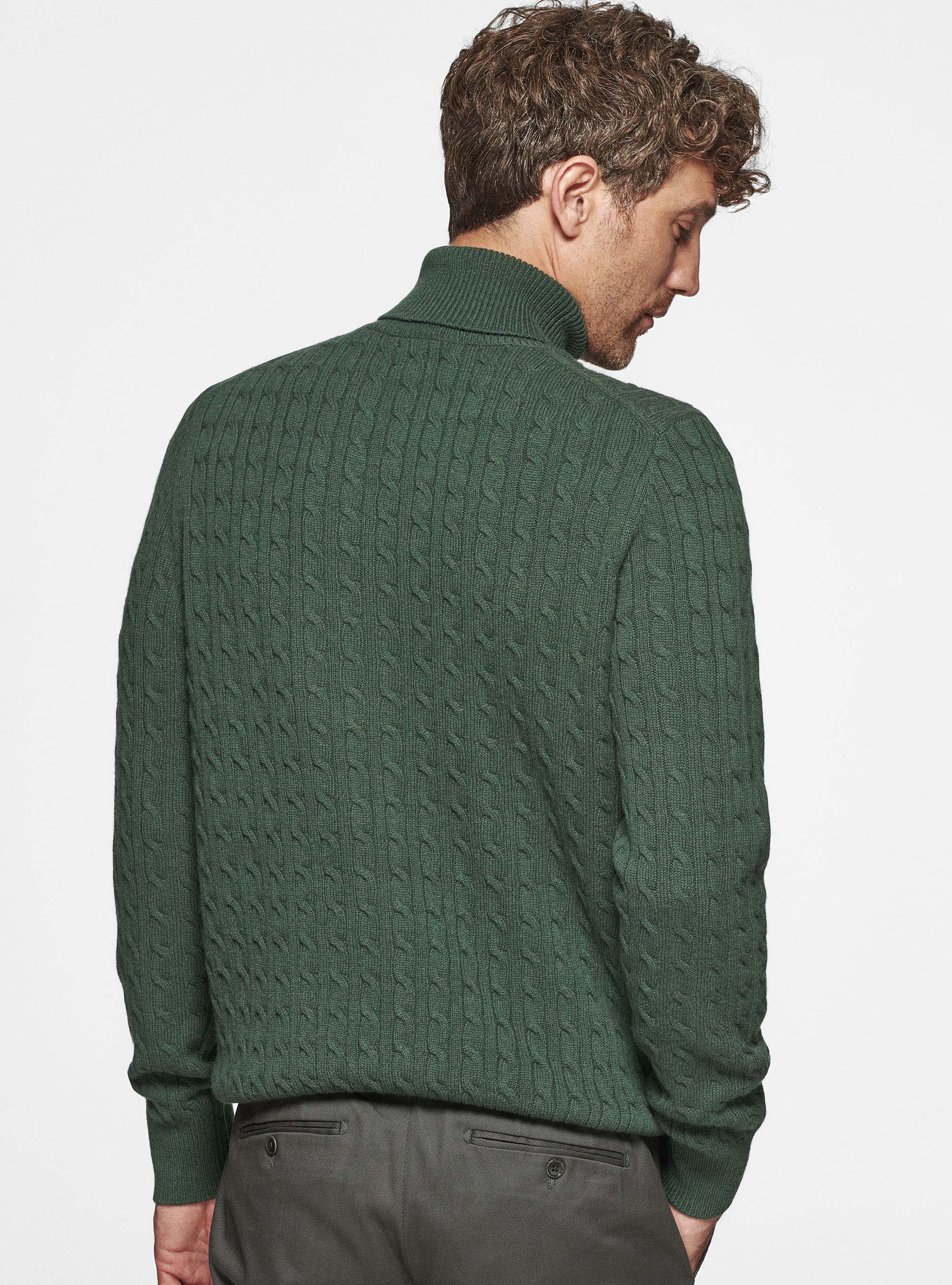 Maglia collo alto in lana cashmere con treccia, MILITARE 0609C