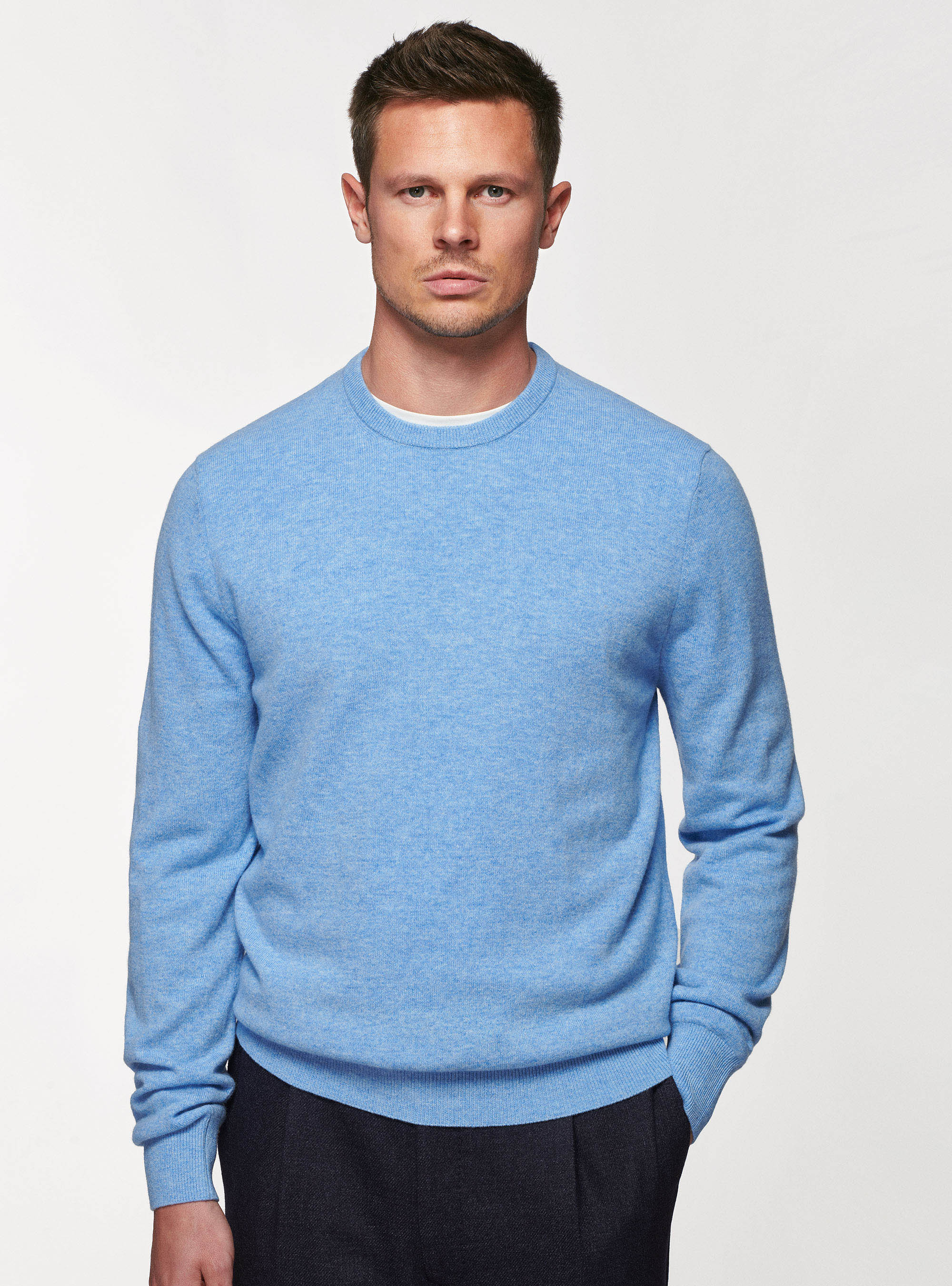Maglia girocollo in lana lambswool e cashmere, AZZURRO