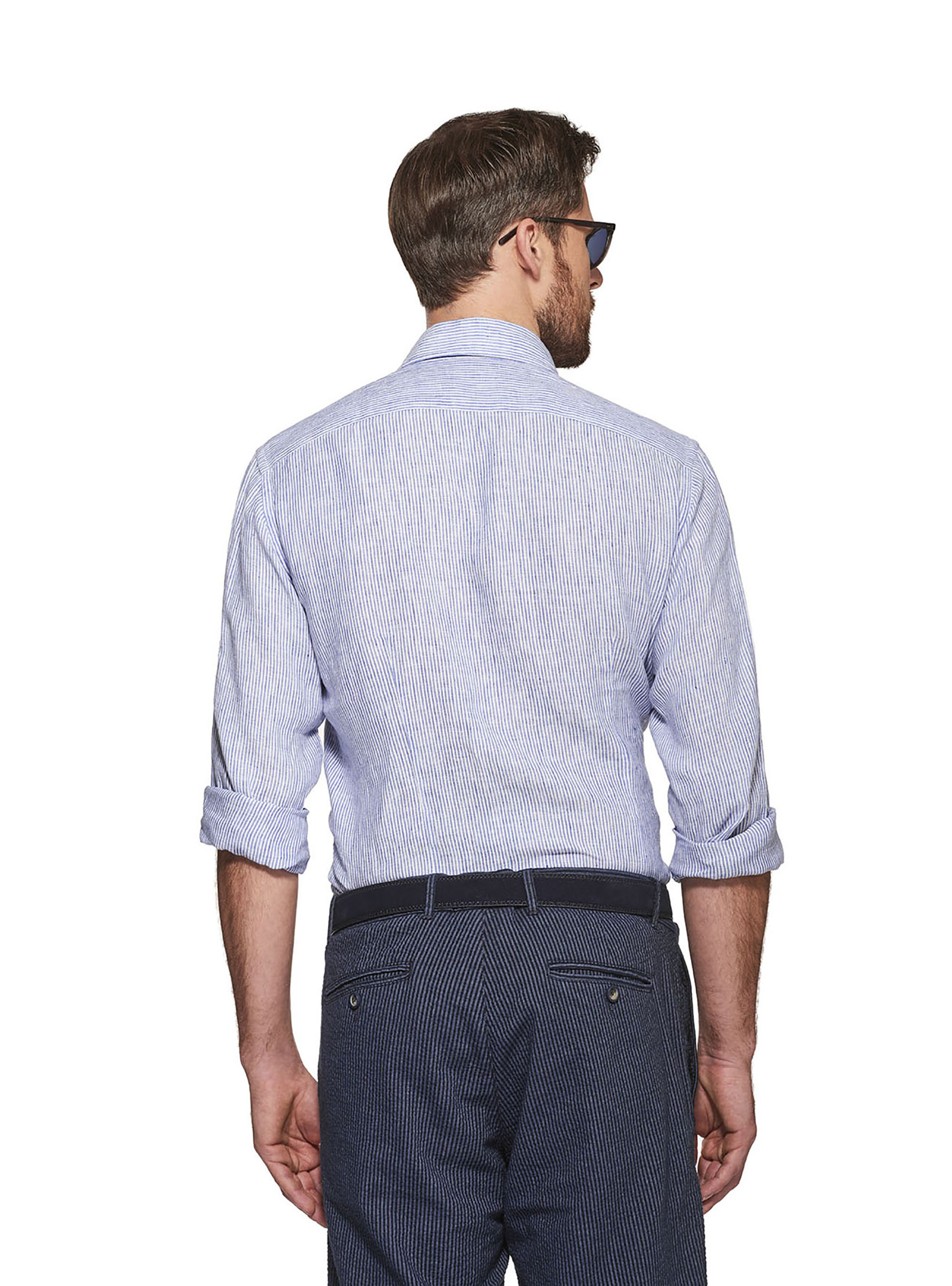 Striped linen semi-open collar french cuff shirt, BLUE