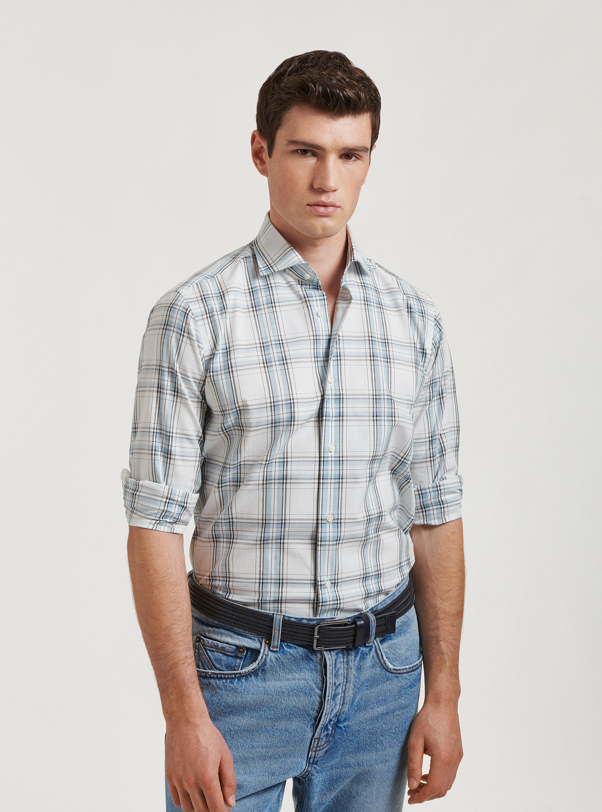 Camicia collo semi francese in puro cotone a quadri