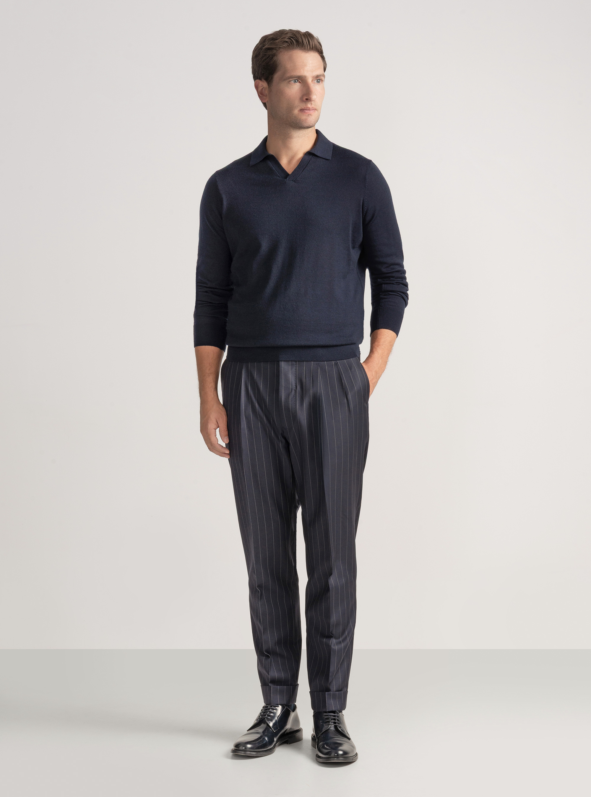 Merino wool buttonless knit polo shirt, NAVY BLUE