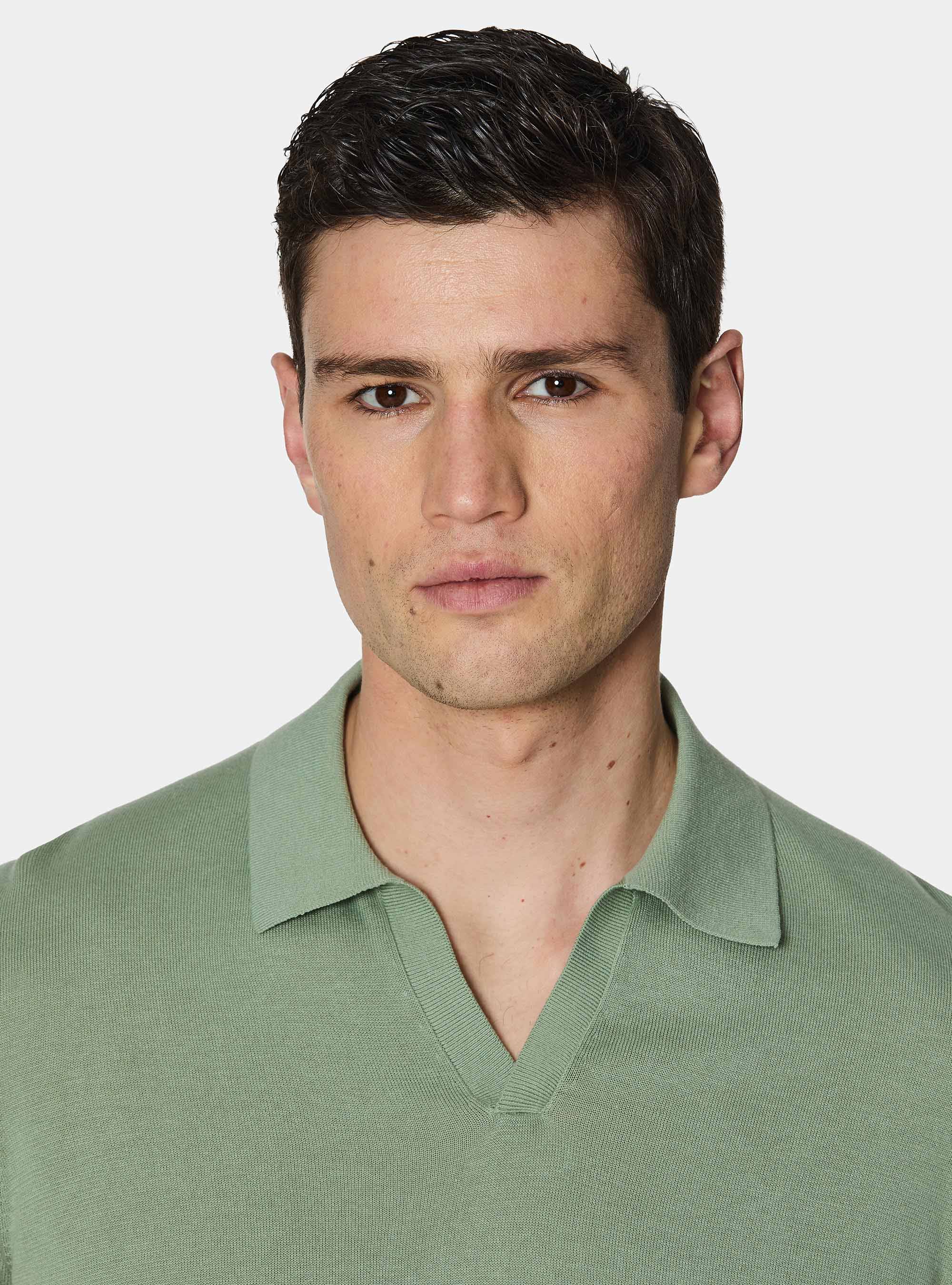 Polo tricot&eacute; sans boutons en coton extra-fin, SALVIA 0602C
