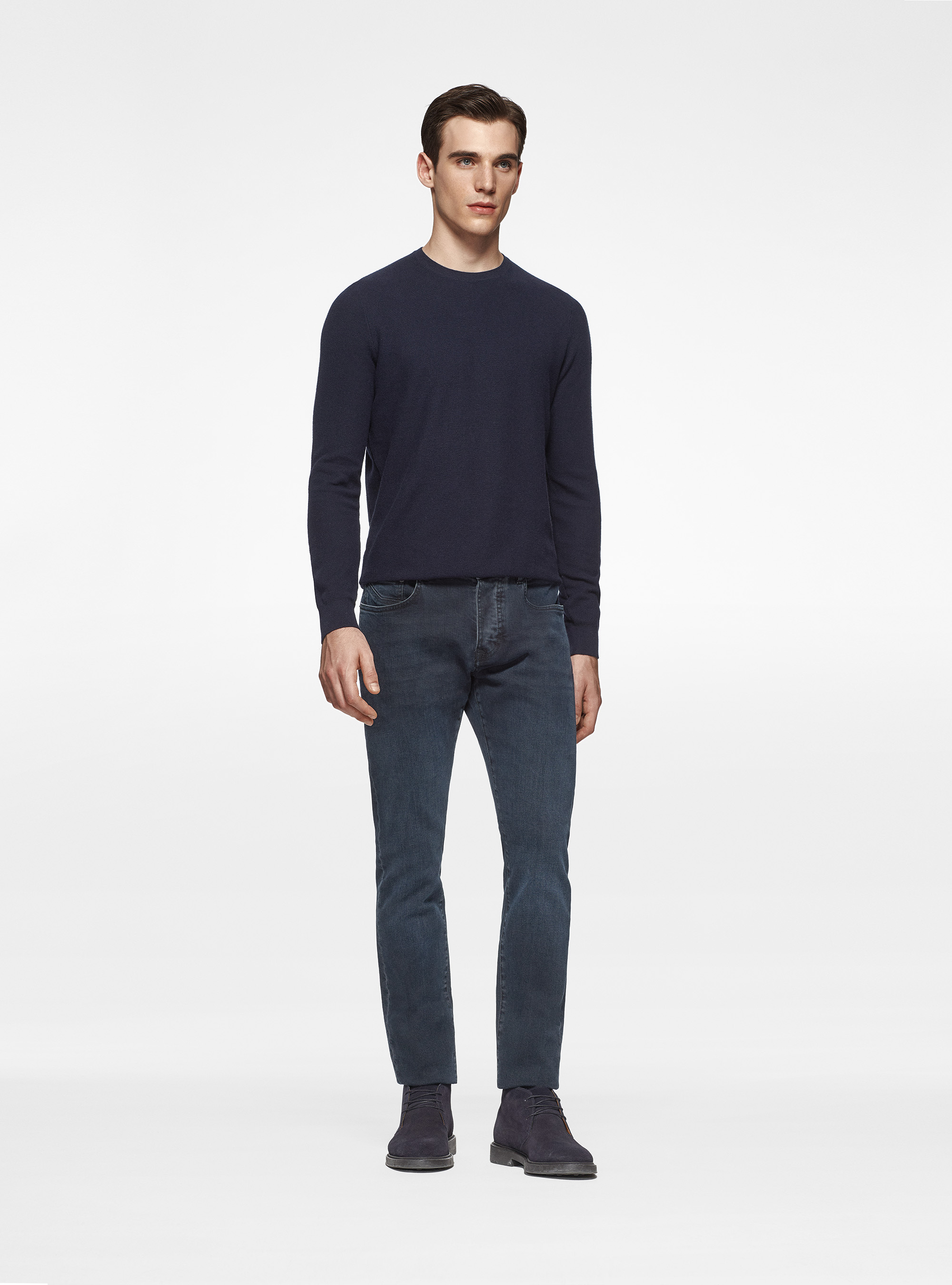 Maglia girocollo nido d'ape in cotone cashmere, BLU NAVY