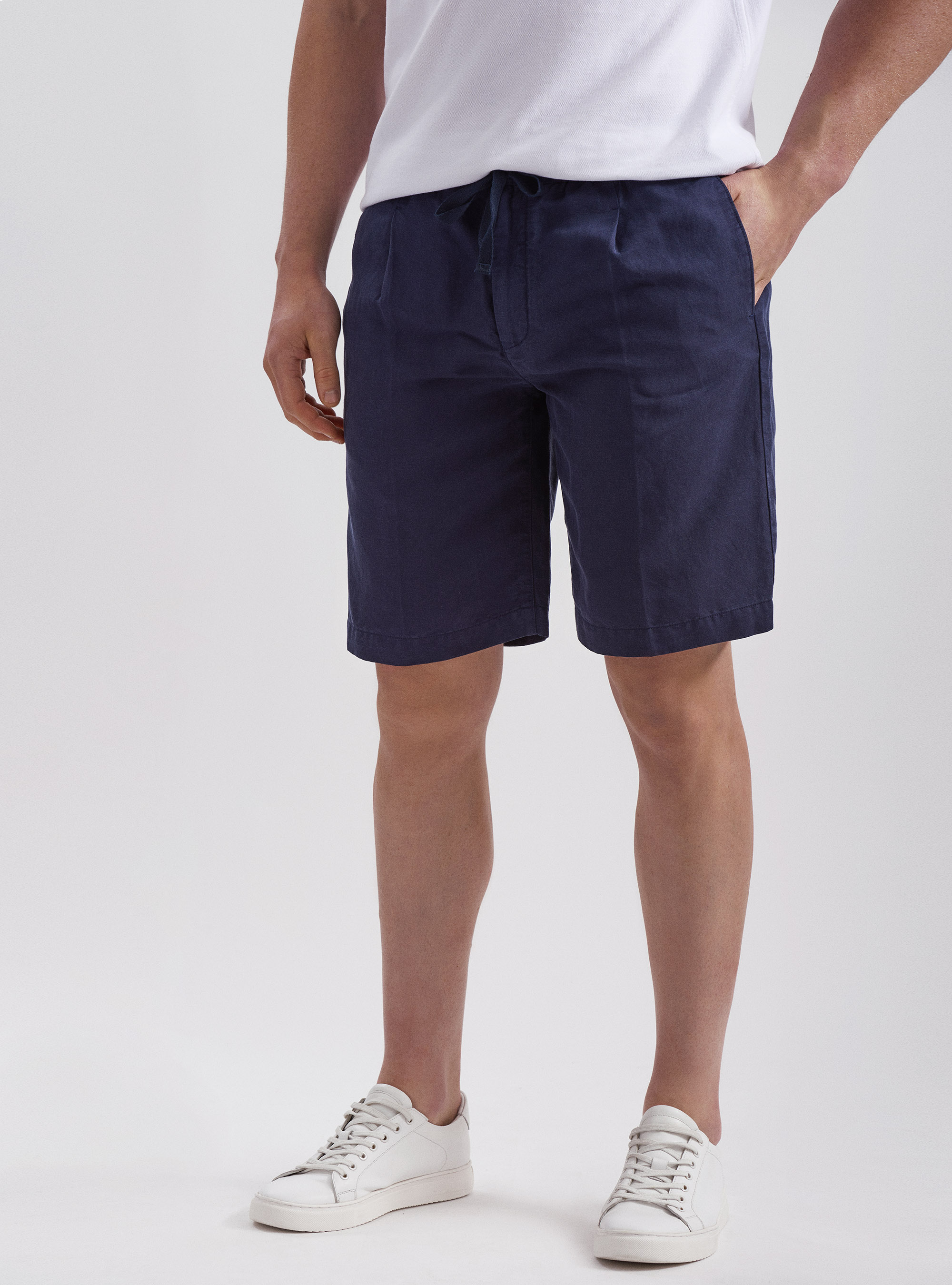 Bermuda in lino con coulisse, BLU NAVY