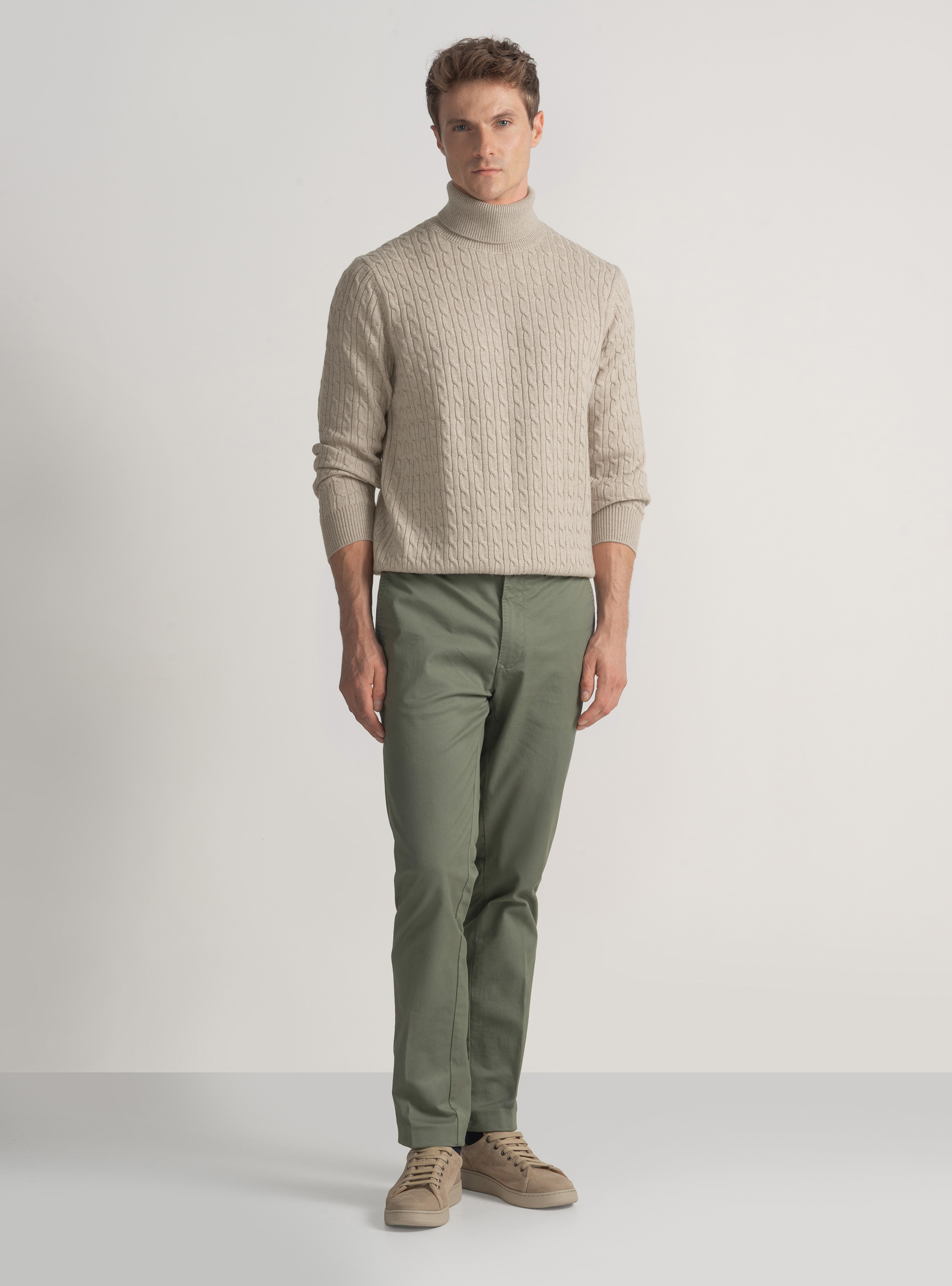 Maglia collo alto con treccia in misto lana, ECRU