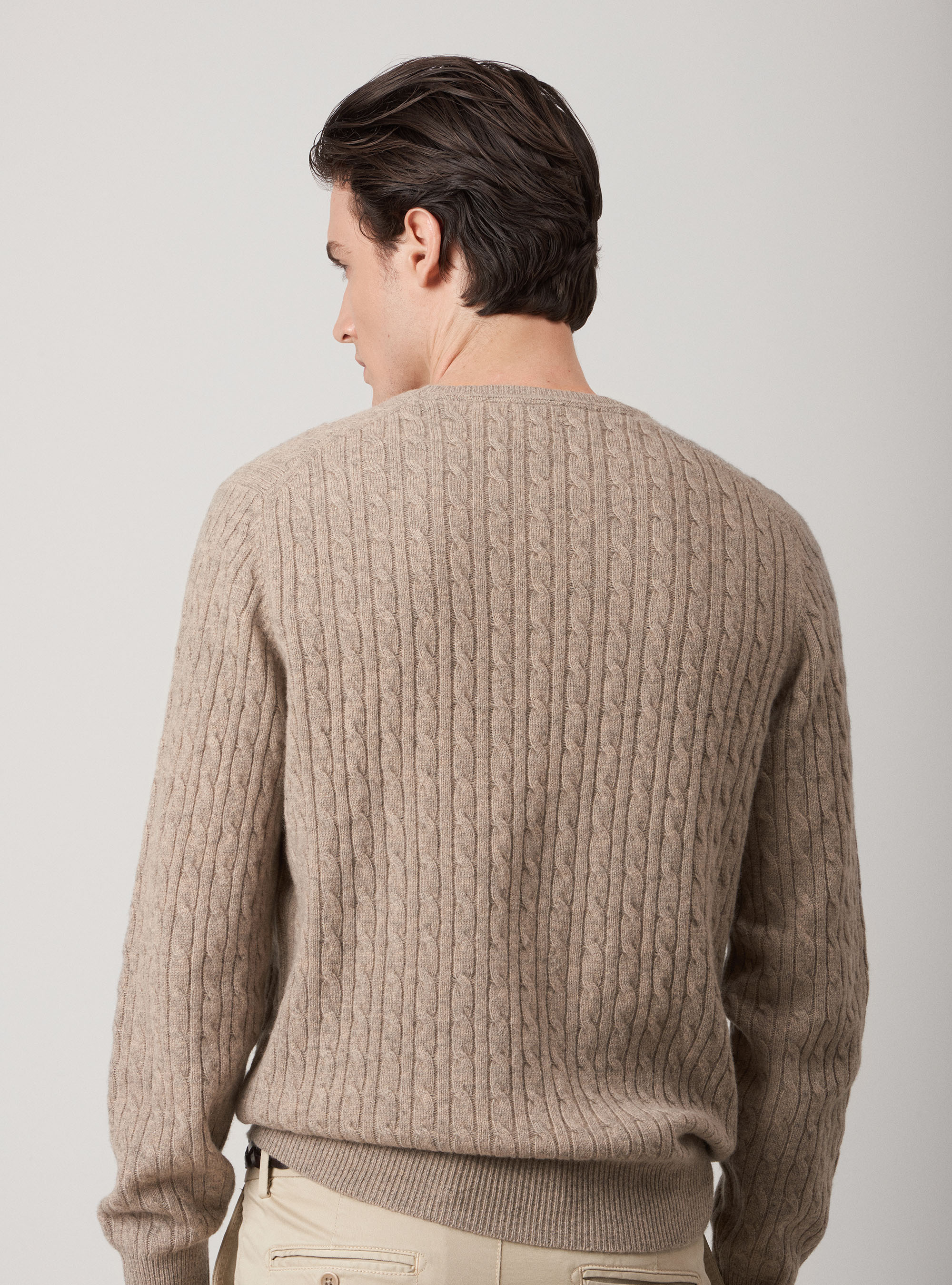 Maglia girocollo in lana lambswool e cashmere con trecce, ECRU
