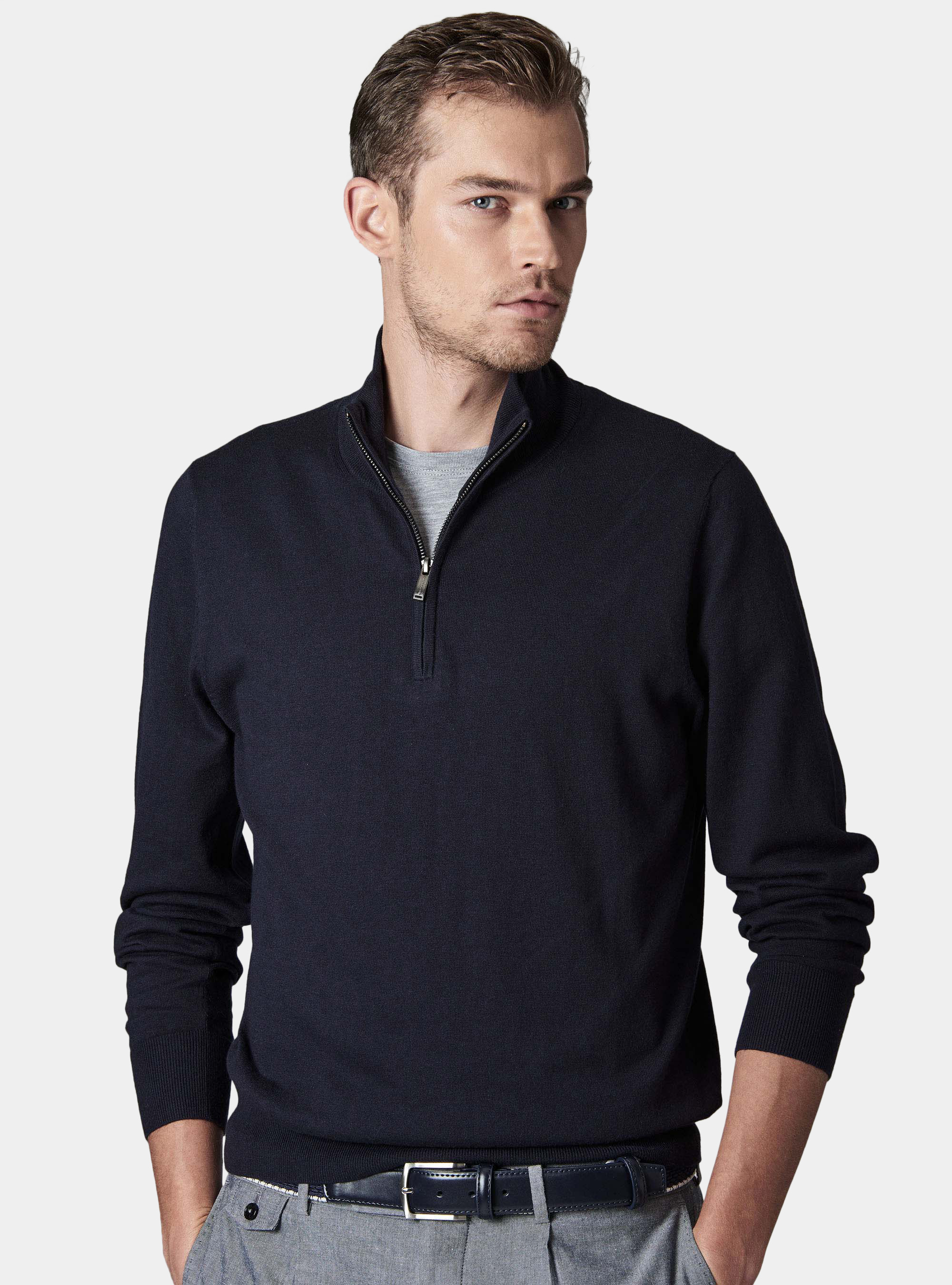 Cotton silk and cashmere turtle neck with zip, NAVY BLUE