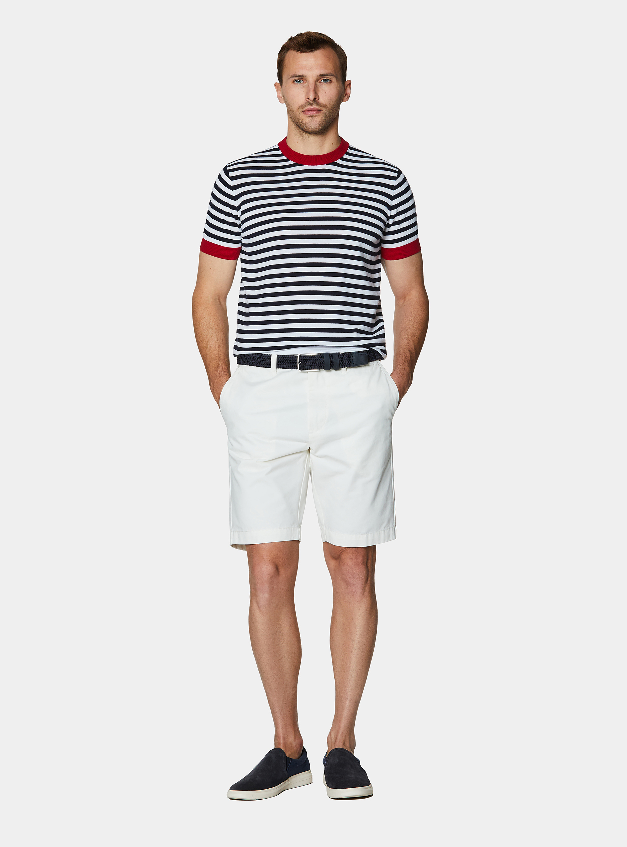 Extra-fine striped cotton crew neck sweater, NAVY BLUE