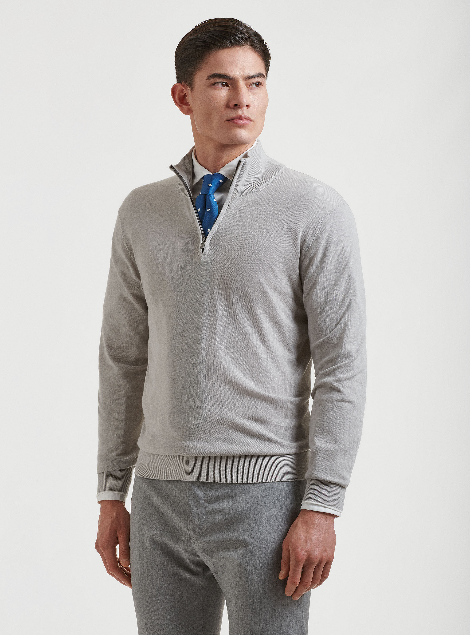 Jersey de algod&oacute;n extrafino con media cremallera, GRIS CLARO JASPEADO