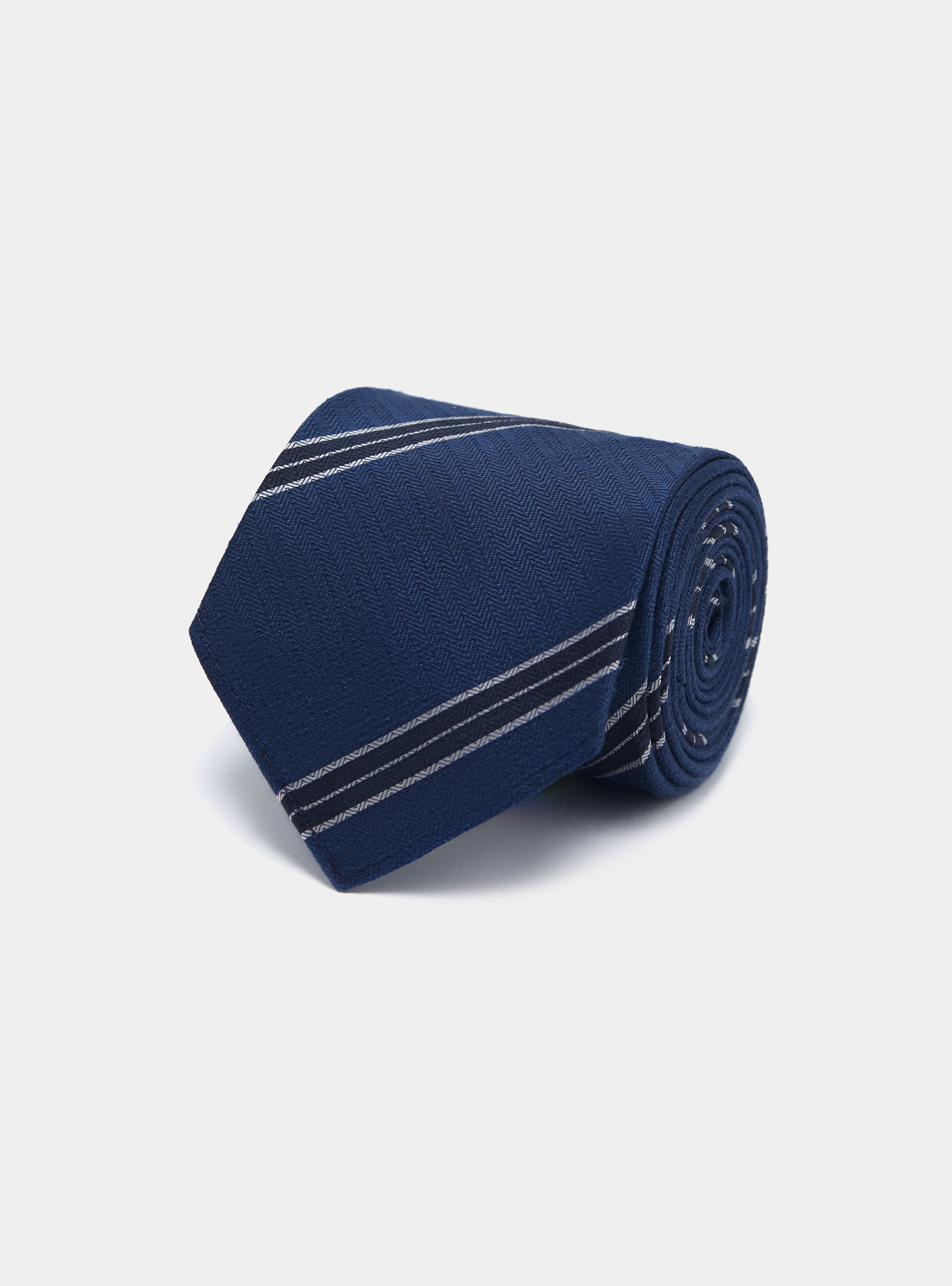 Cravate rayée en soie et lin à chevrons, BLEU