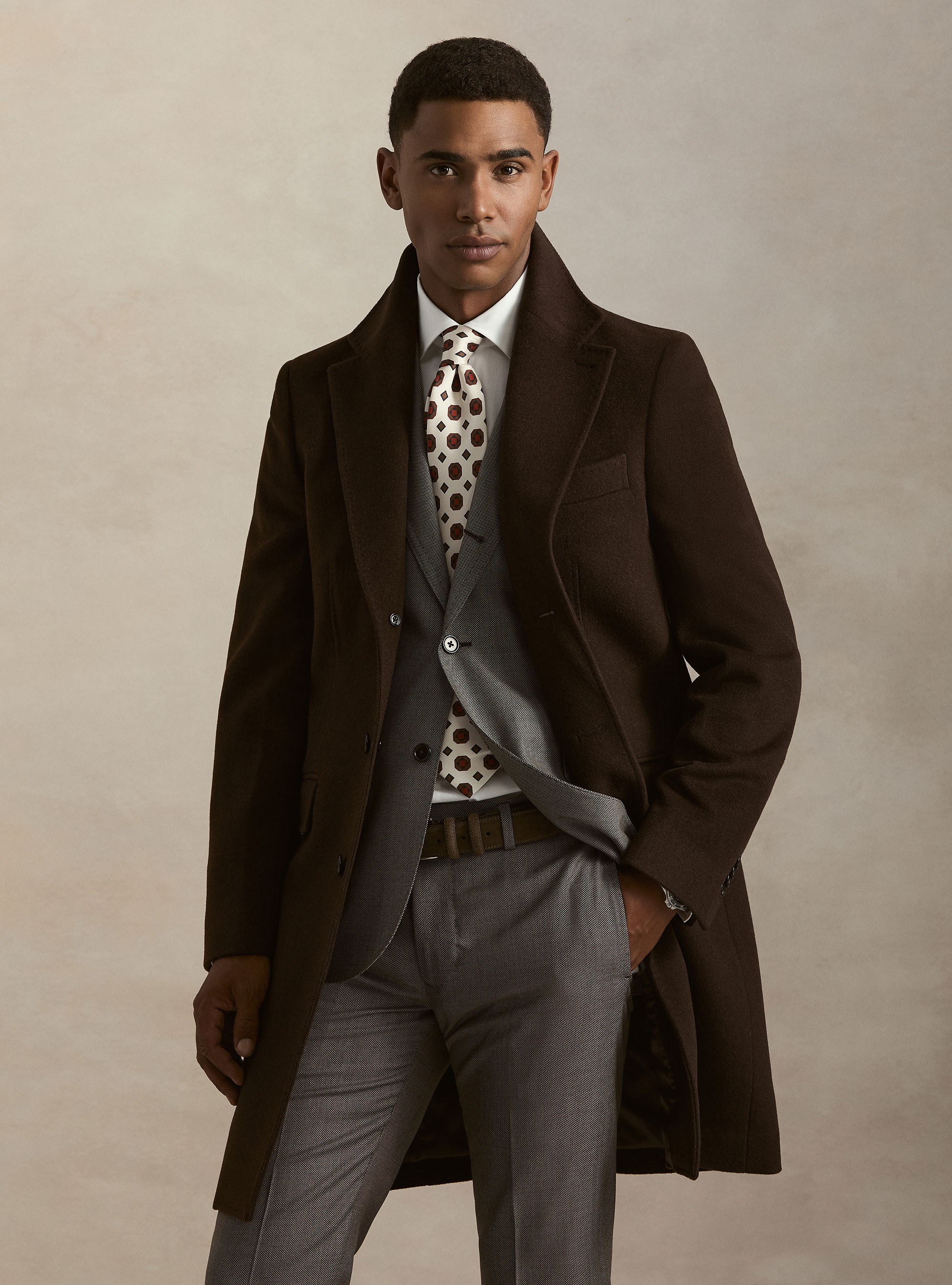 Single-breasted wool and cashmere coat, BROWN