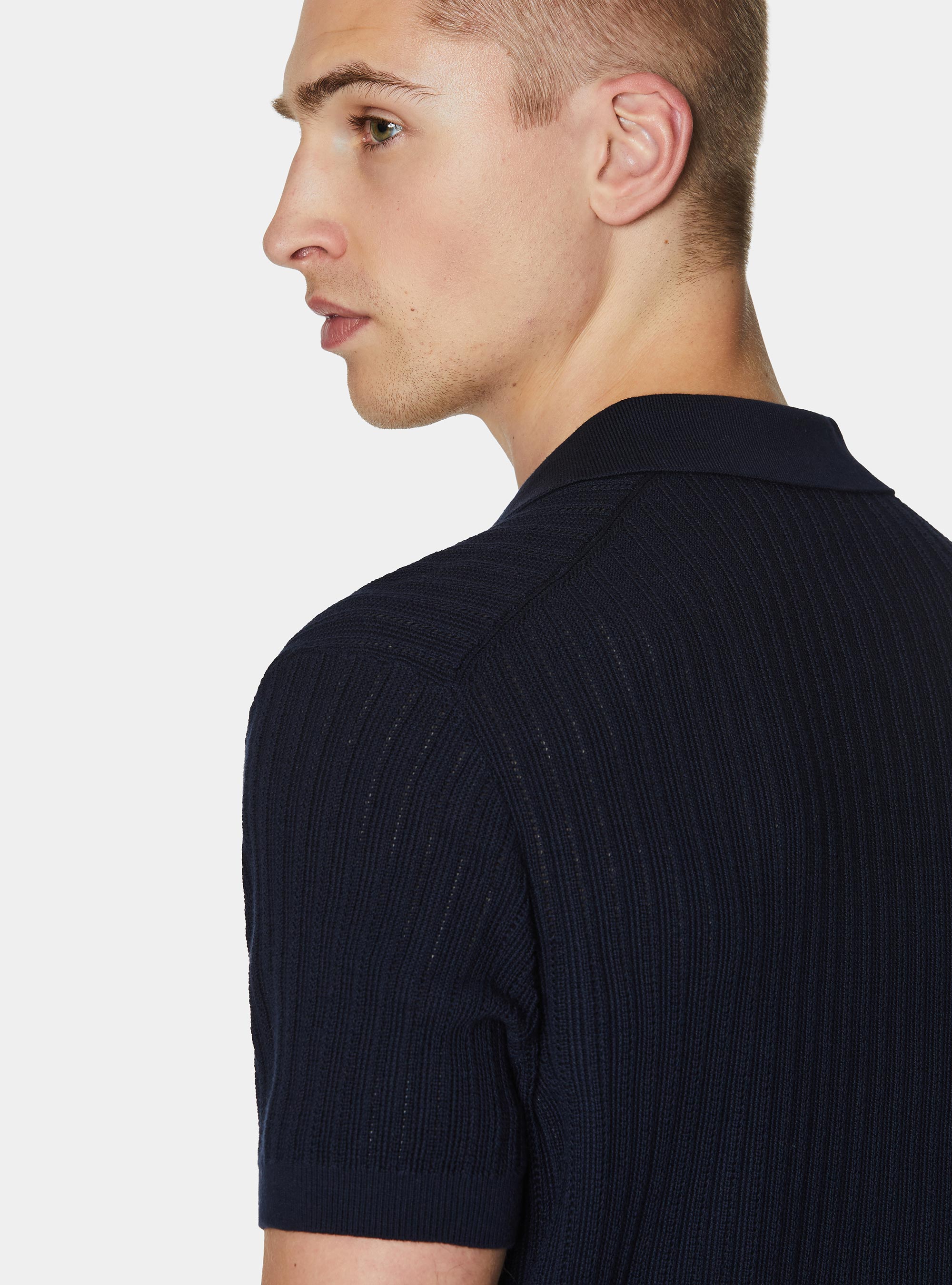 Polo in maglia traforata senza bottoni in cotone extrafine, BLU NAVY