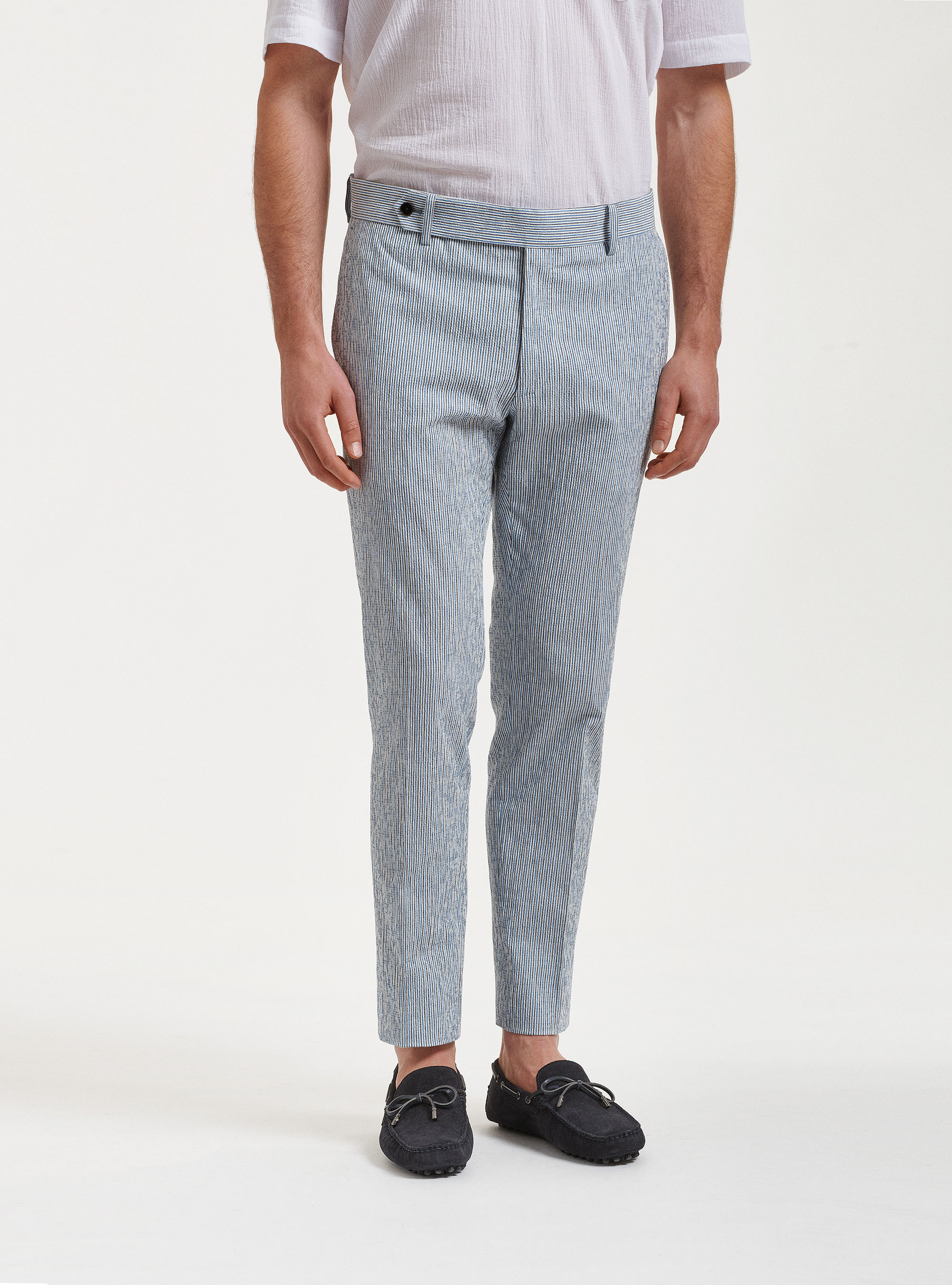 Pantaloni seersucker in cotone e lino rigato, AZZURRO