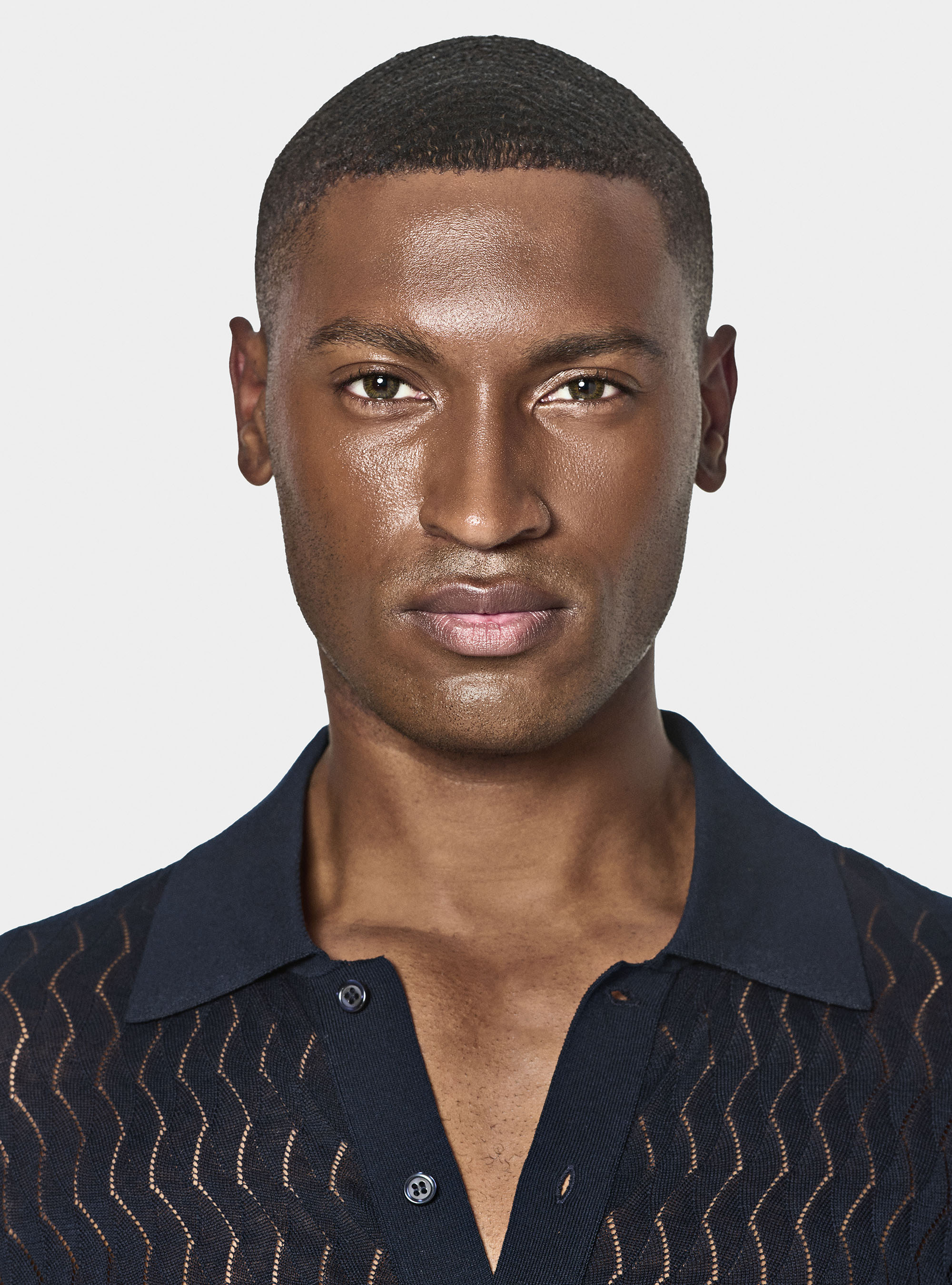 Polo camicia in maglia traforata in cotone e seta, BLU NAVY