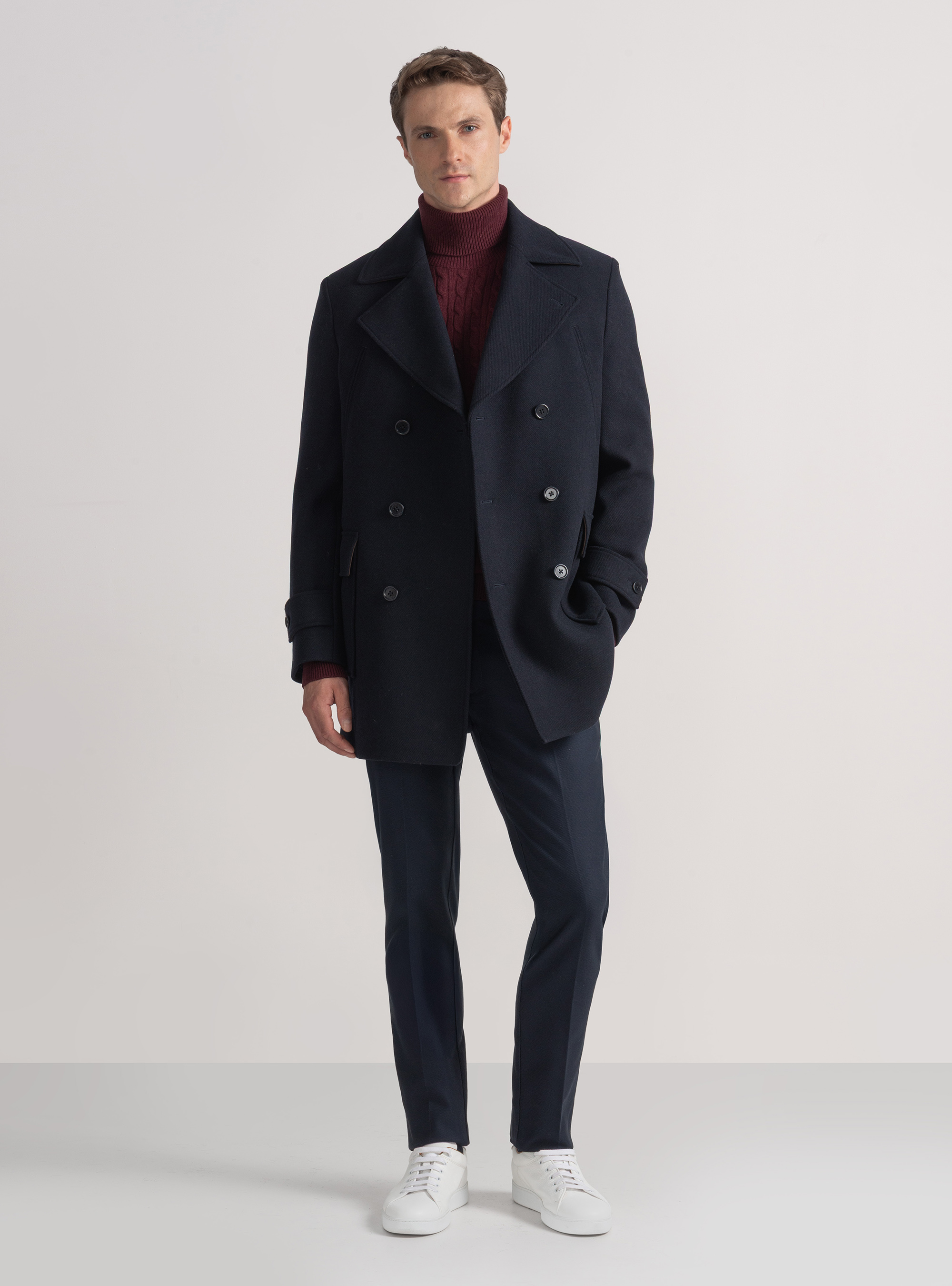 Peacoat in misto lana con tasche a toppa, BLU NAVY