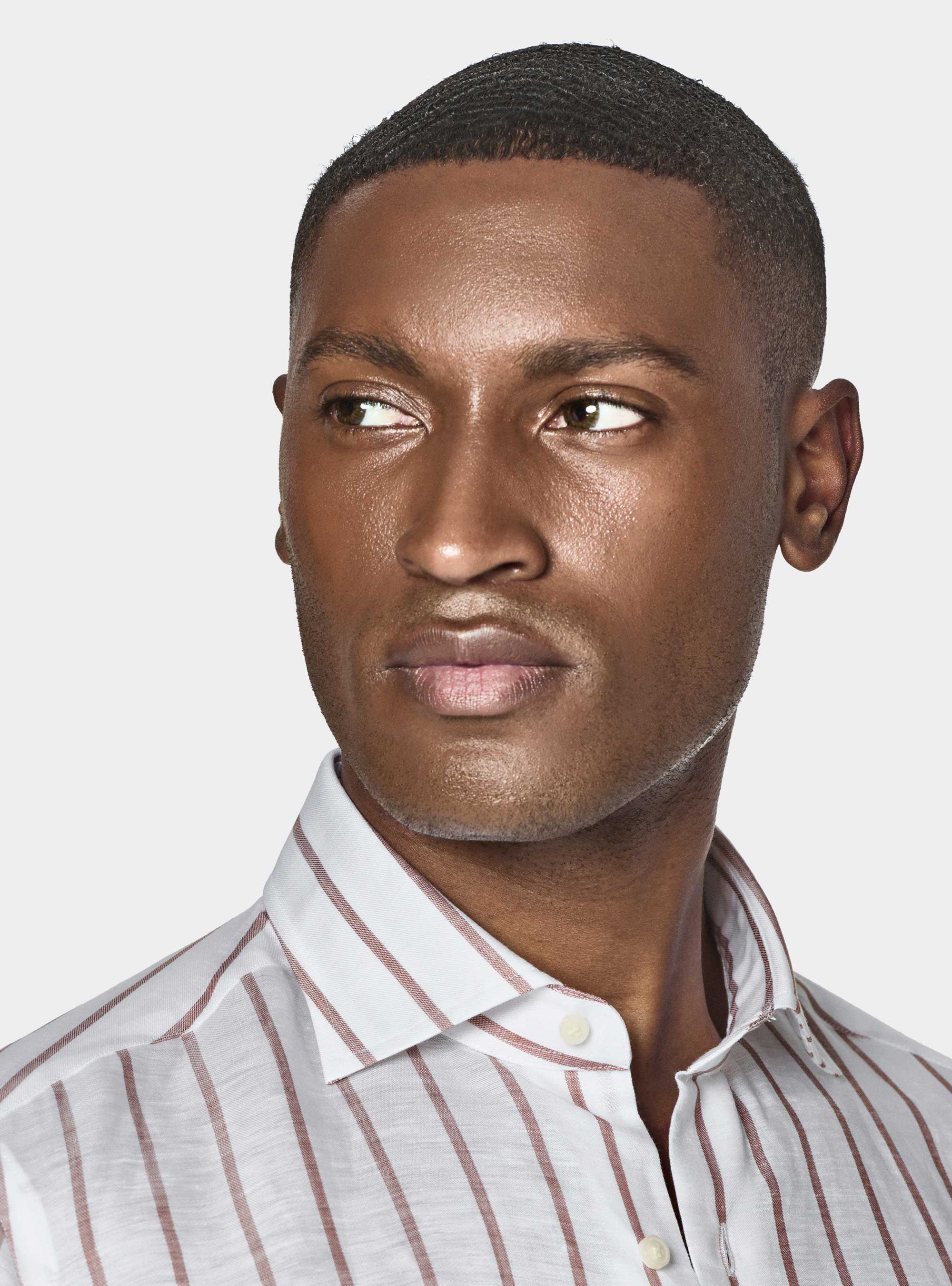 Camicia rigata in misto lino, MARRONE