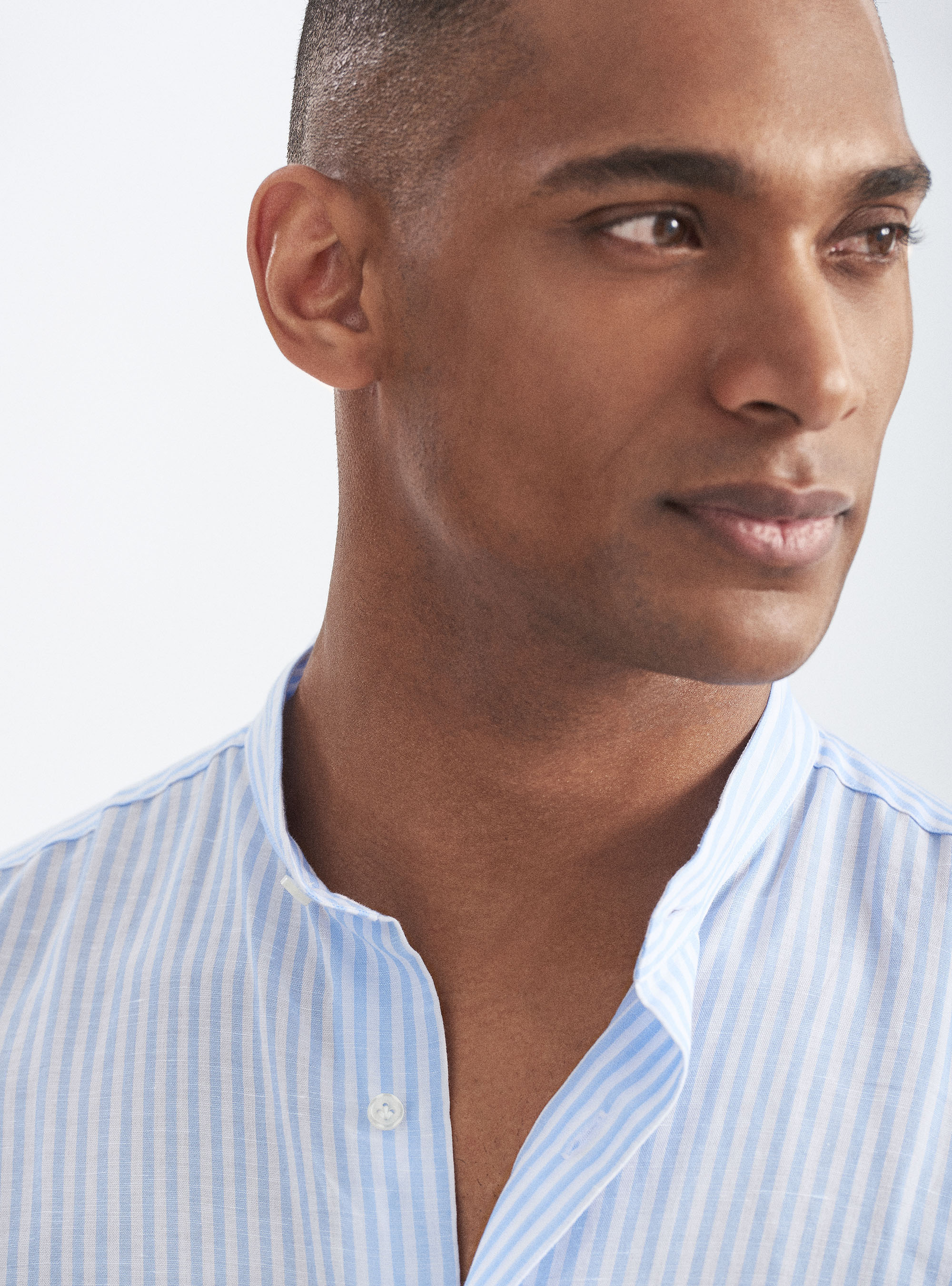 Camicia coreana in misto lino rigato, AZZURRO