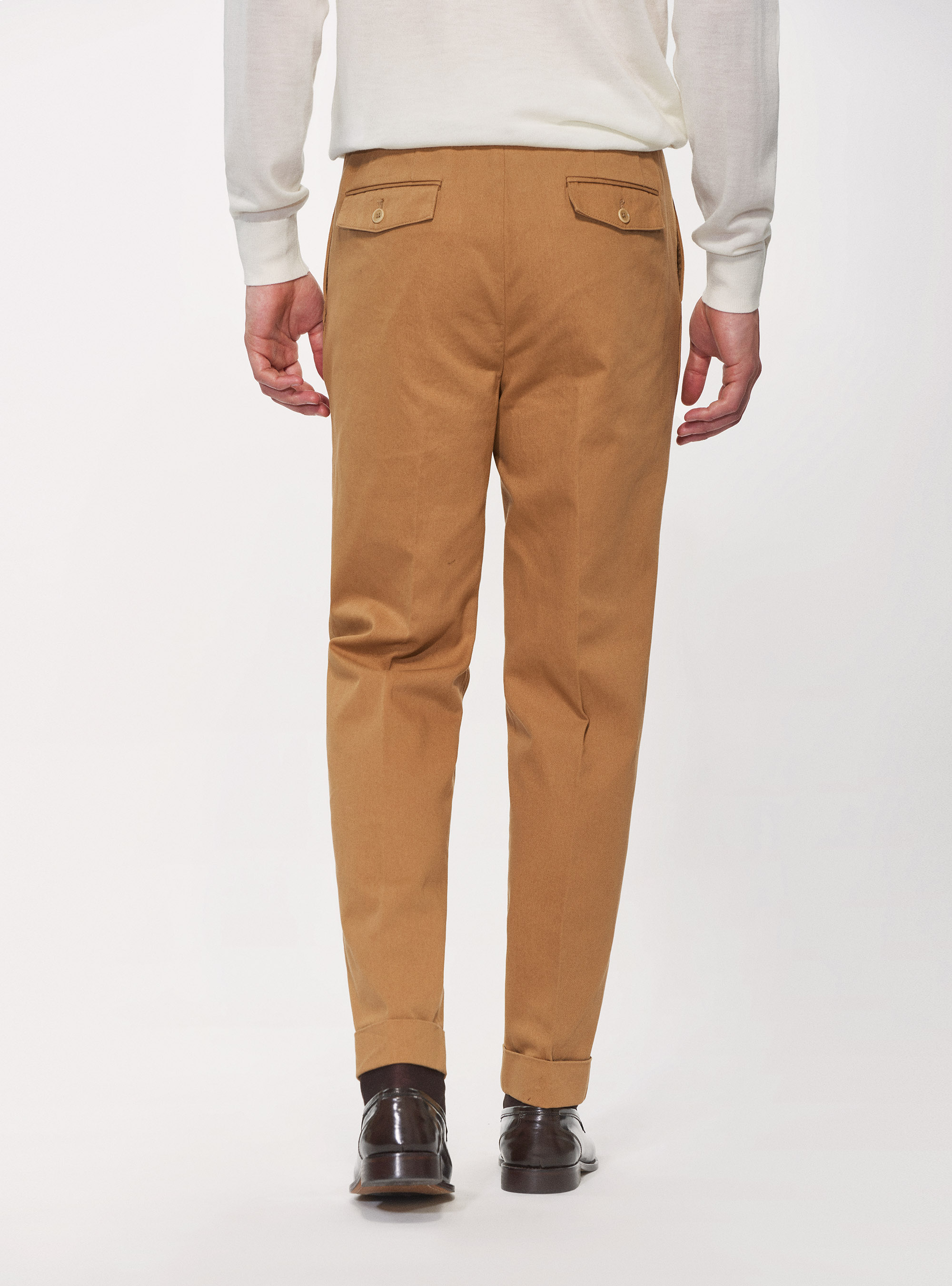 Garment dyed cotton gabardine double pleat trousers, SAND