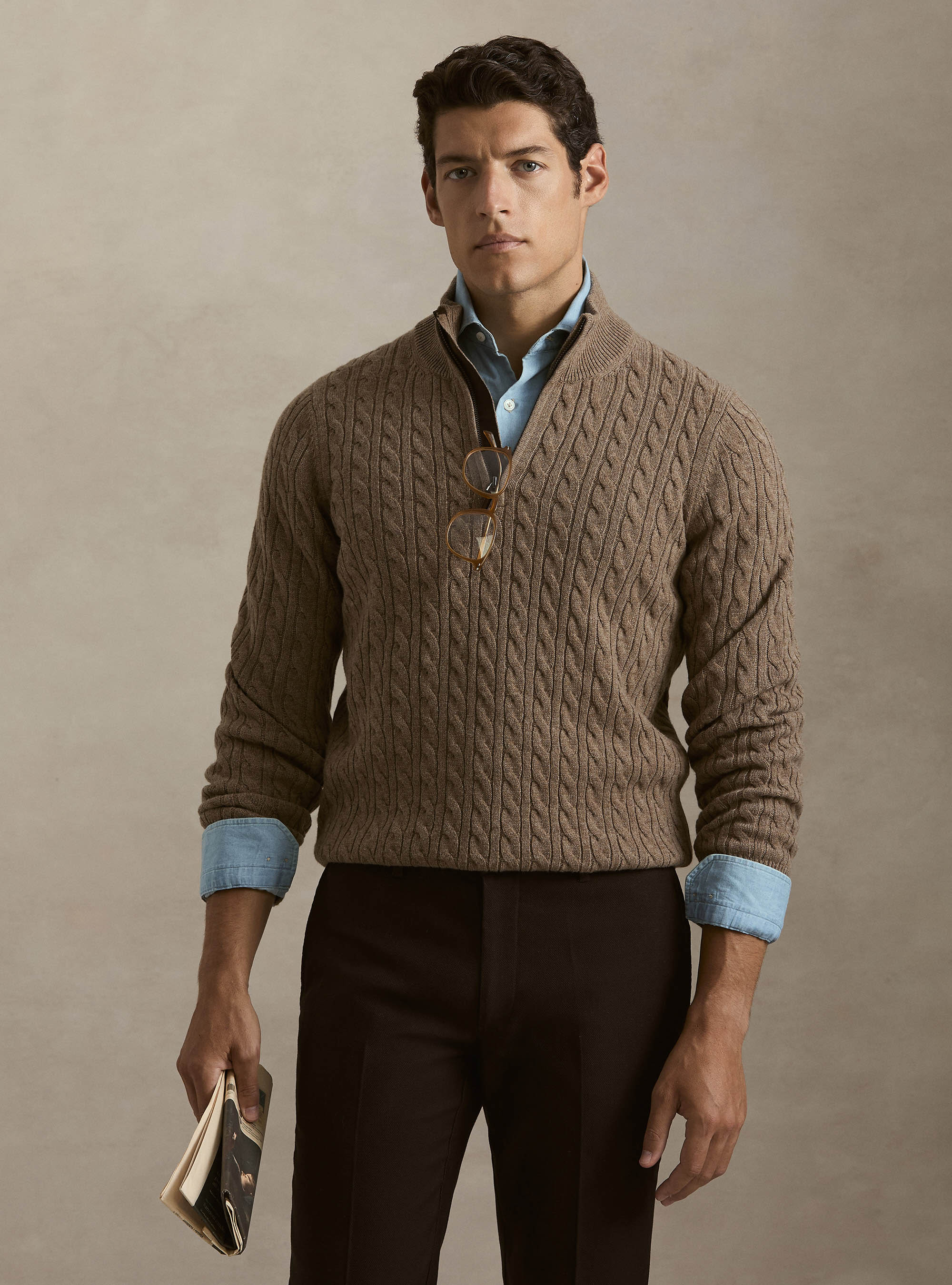 Cable-knit wool and cashmere mock neck sweater, MUD