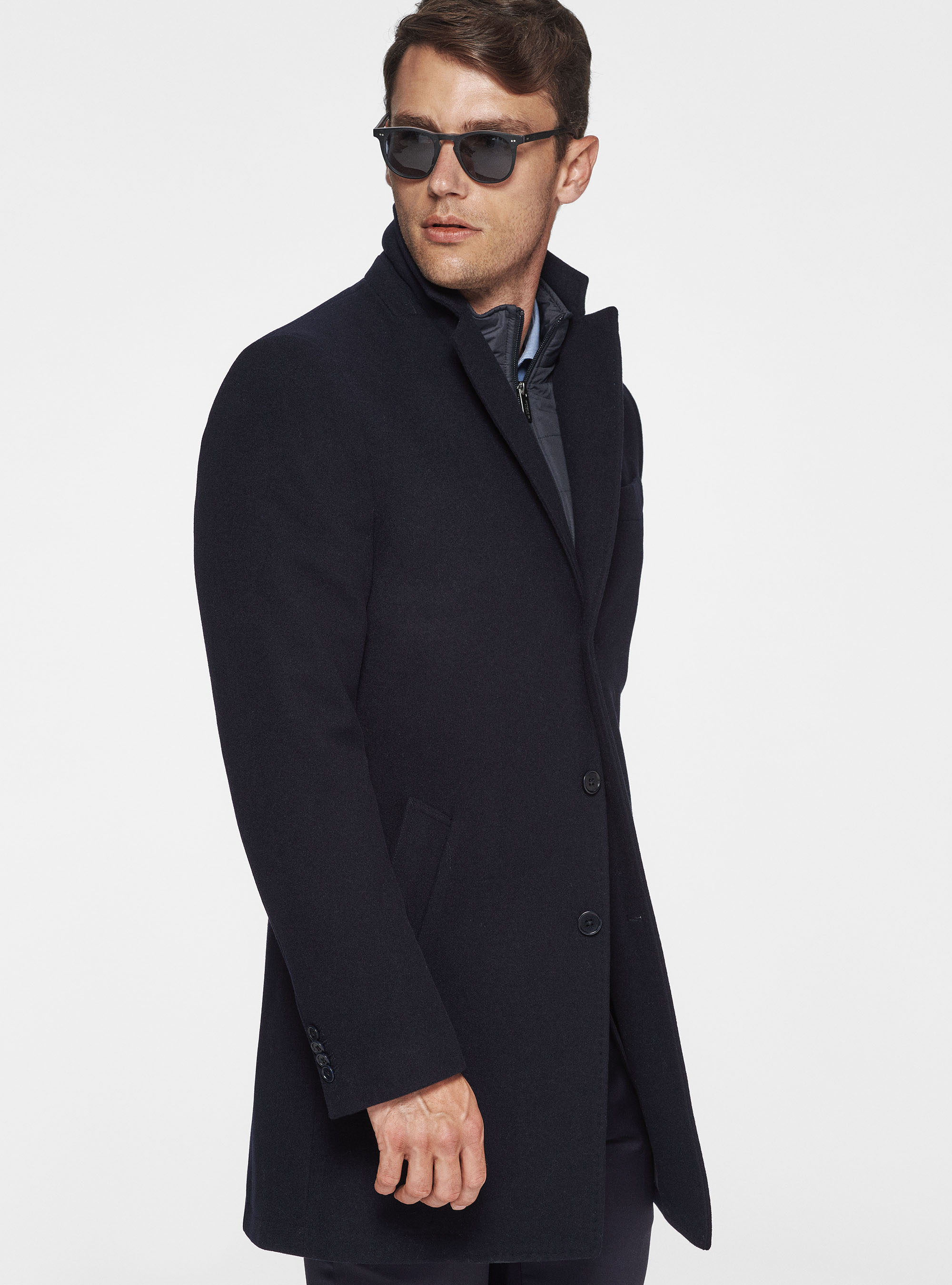 Cappotto in misto lana con pettorina, BLU NAVY