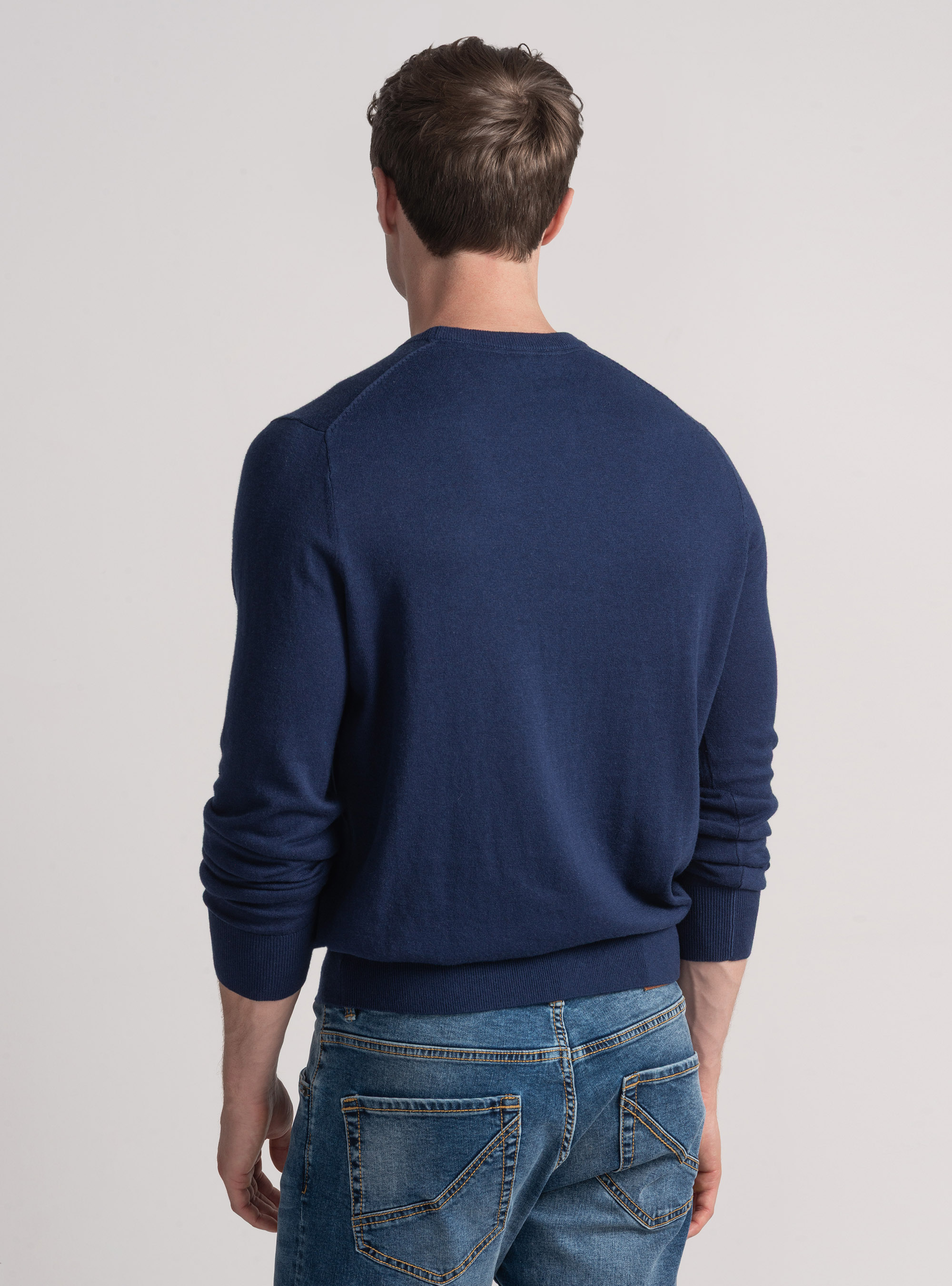 Punto de cuello redondo de algodón, seda y cachemira, AZUL TINTA