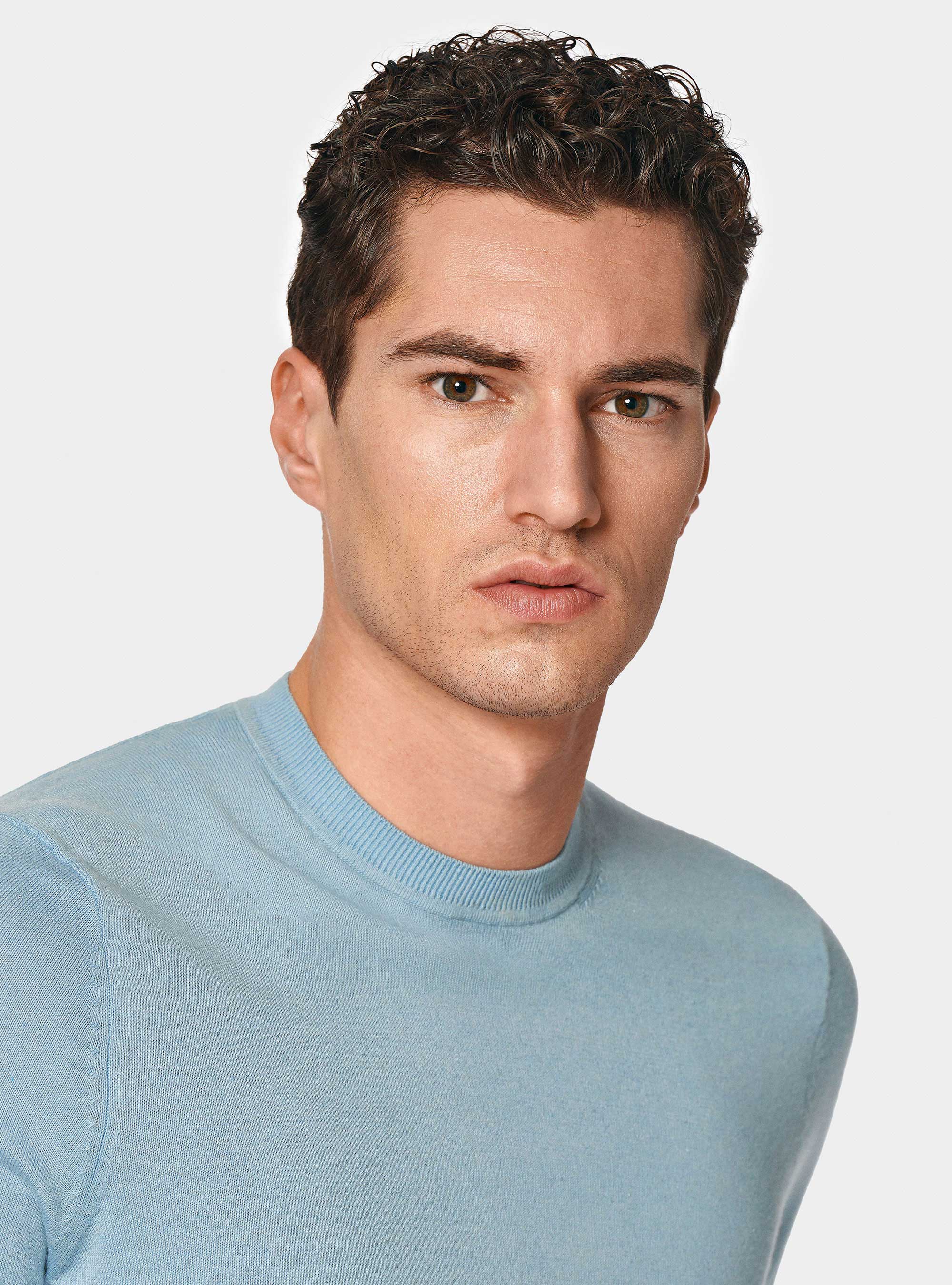 Round-neck sweater in cotton silk and cashmere, LIGHT BLUE