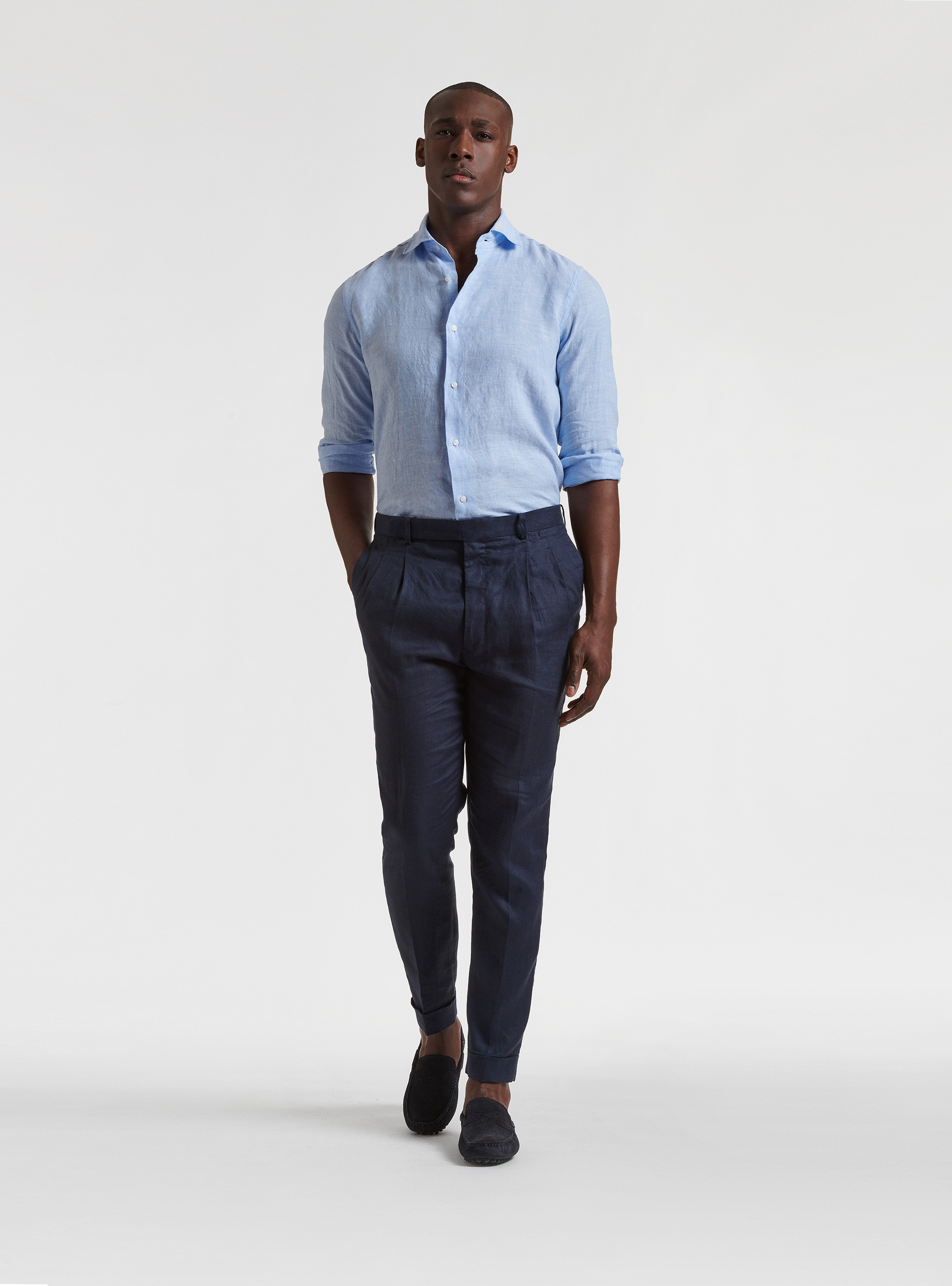 Camicia collo semi francese in puro lino, AZZURRO