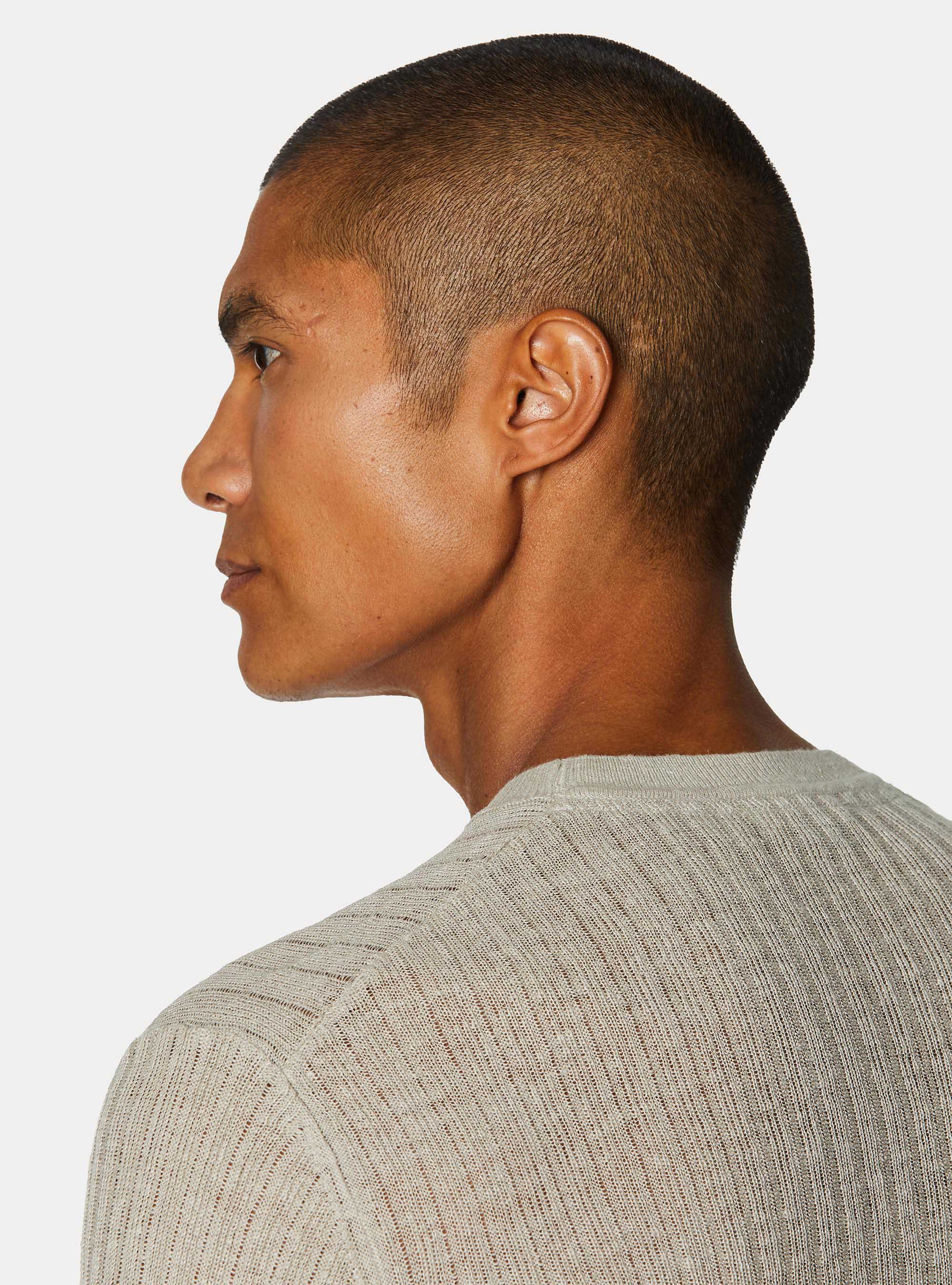 Maglia girocollo a costine in puro lino, SABBIA