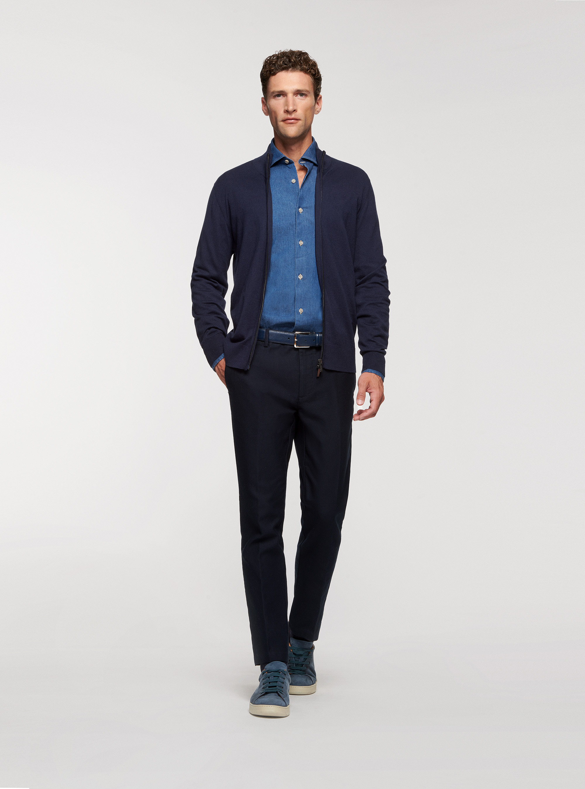 Maglia full zip in cotone seta e cashmere, BLU NAVY